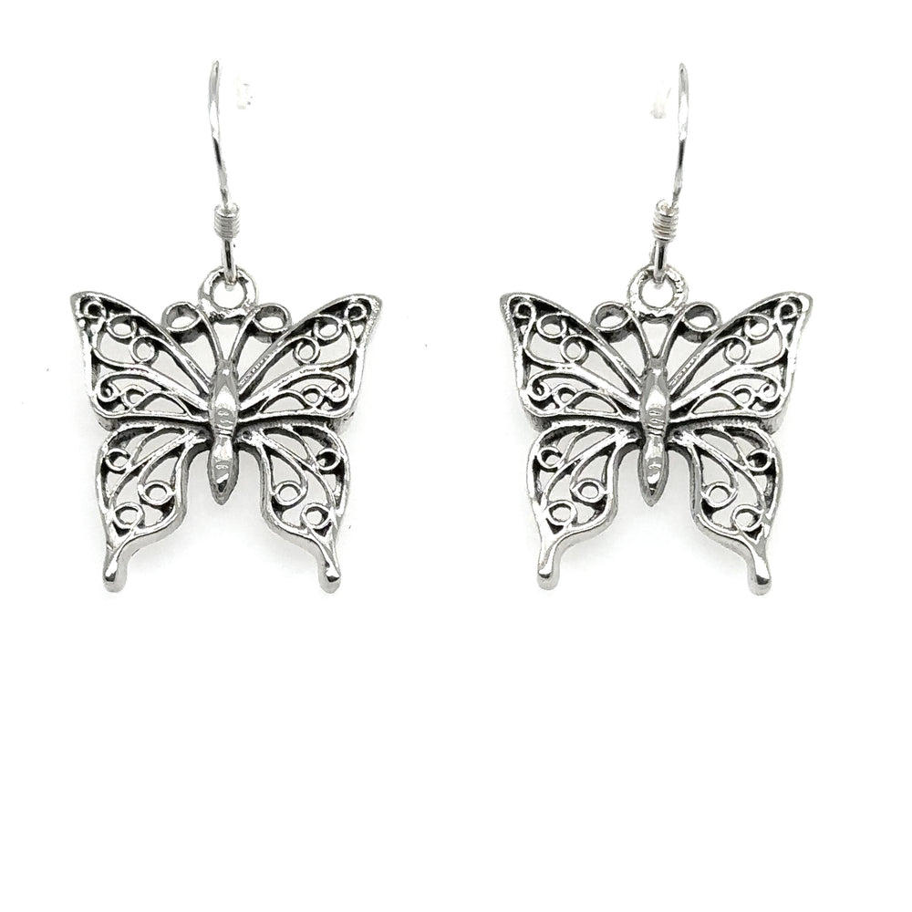 A pair of Super Silver Filigree Butterfly Earrings with filigree wings on a white background.