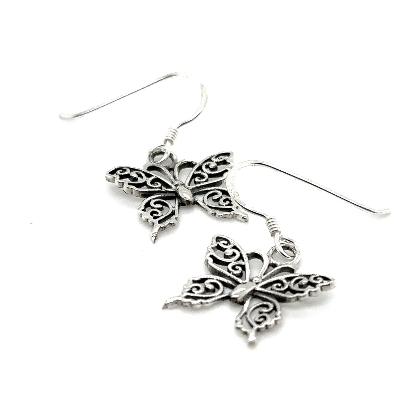 
                  
                    A pair of Super Silver Small Filigree Butterfly Earrings with a filigree design on a white background.
                  
                