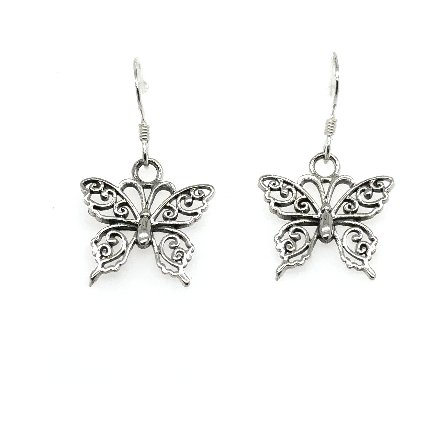 A pair of Super Silver Small Filigree Butterfly Earrings, showcasing a delicate filigree design, displayed against a clean white background.