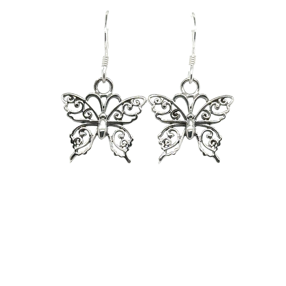 
                  
                    These stunning Super Silver Small Filigree Butterfly Earrings feature a delicate filigree design, crafted with exquisite detail in .925 silver. The elegant silver butterflies stand out beautifully against the clean white background.
                  
                