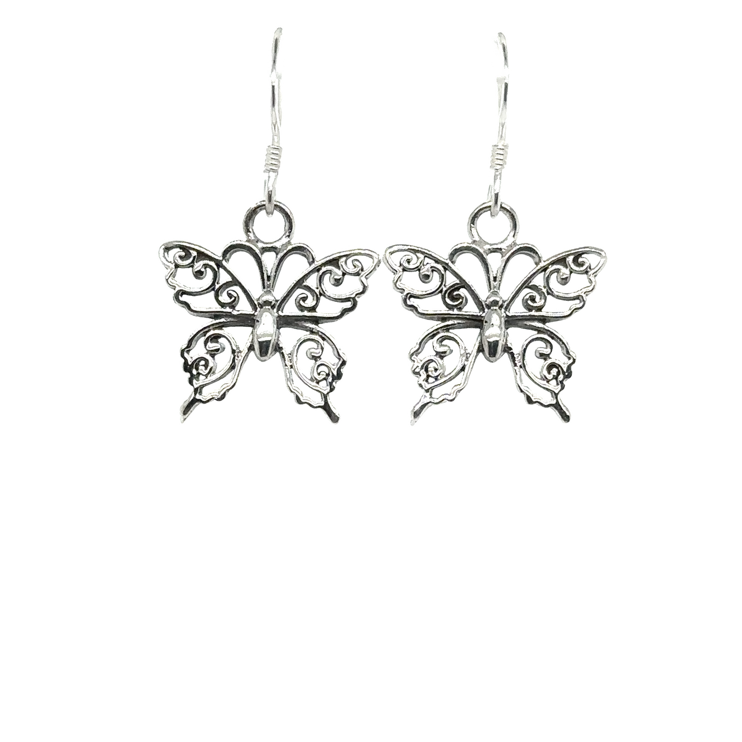 These stunning Super Silver Small Filigree Butterfly Earrings feature a delicate filigree design, crafted with exquisite detail in .925 silver. The elegant silver butterflies stand out beautifully against the clean white background.