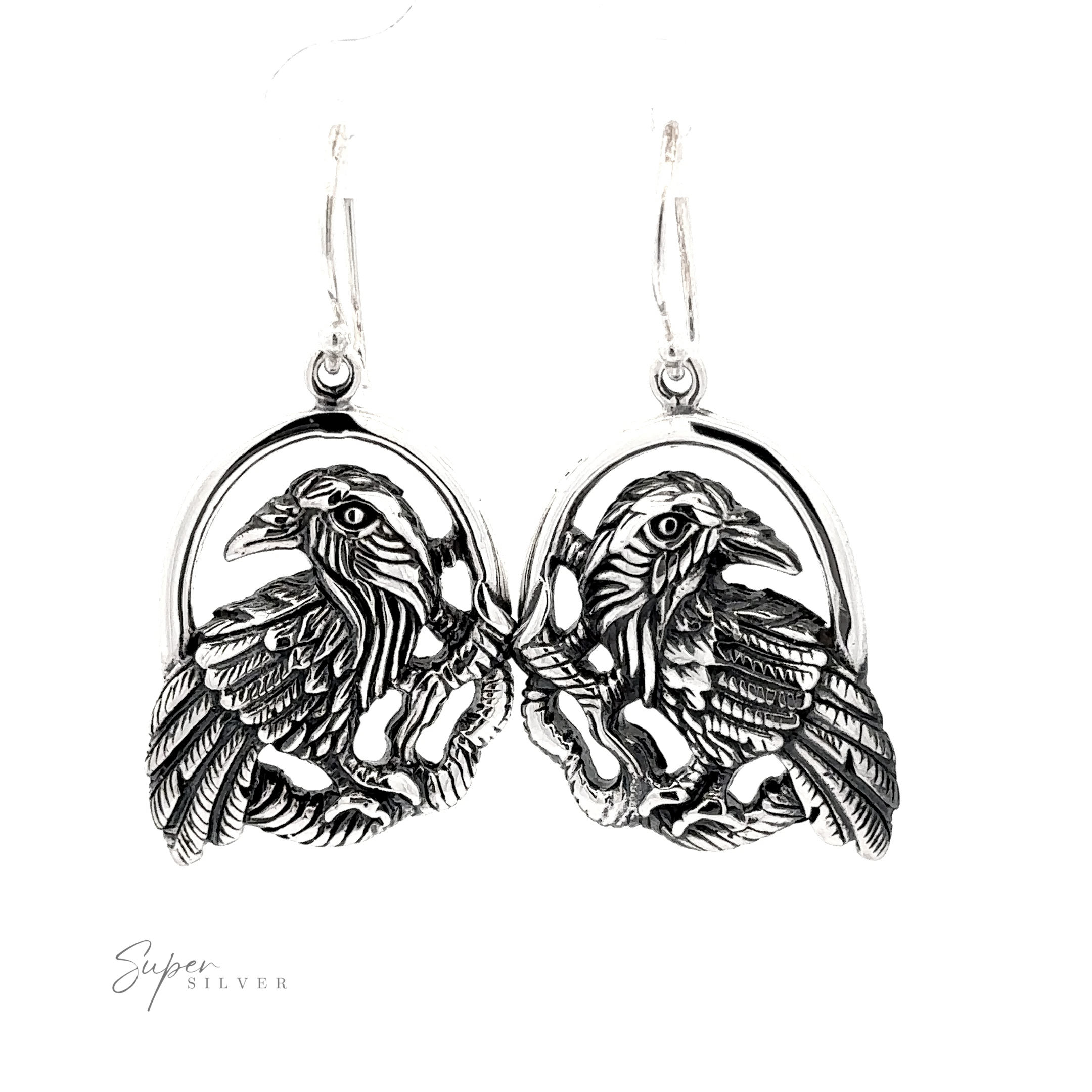 Detailed Raven Earrings featuring a symmetrical design of two ravens with wings spread, hanging from hooks.
