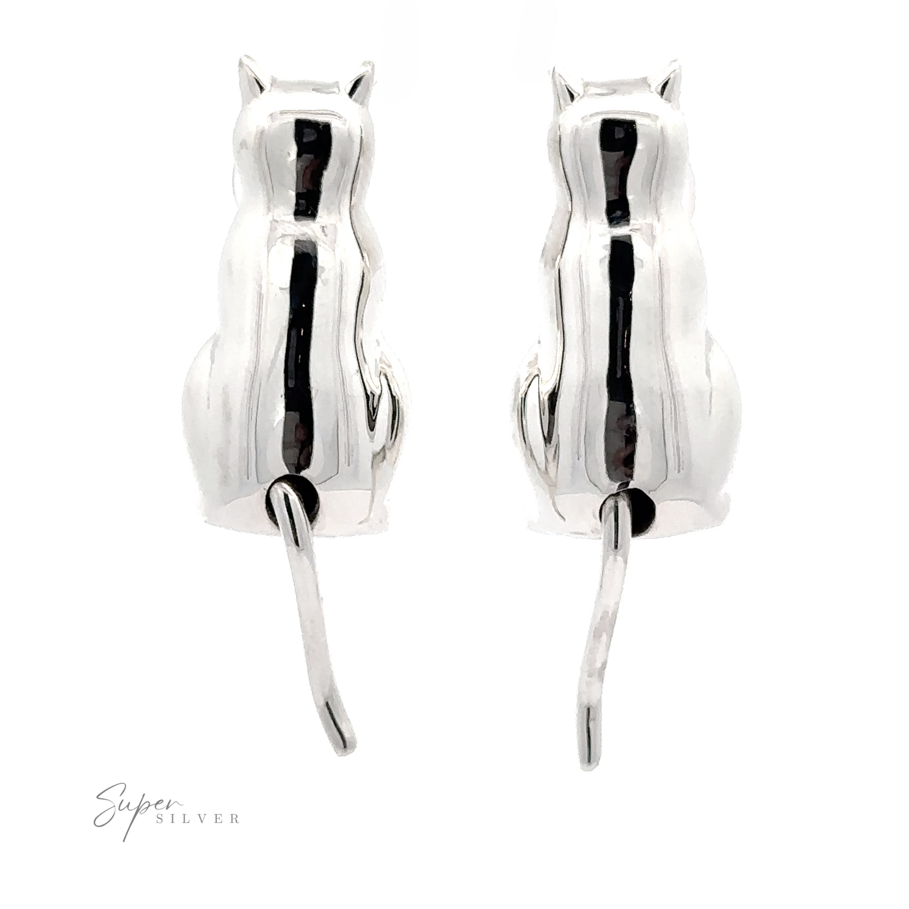 A pair of Silver Cat Earrings with a reflective surface and hook fastenings, displayed on a white background.