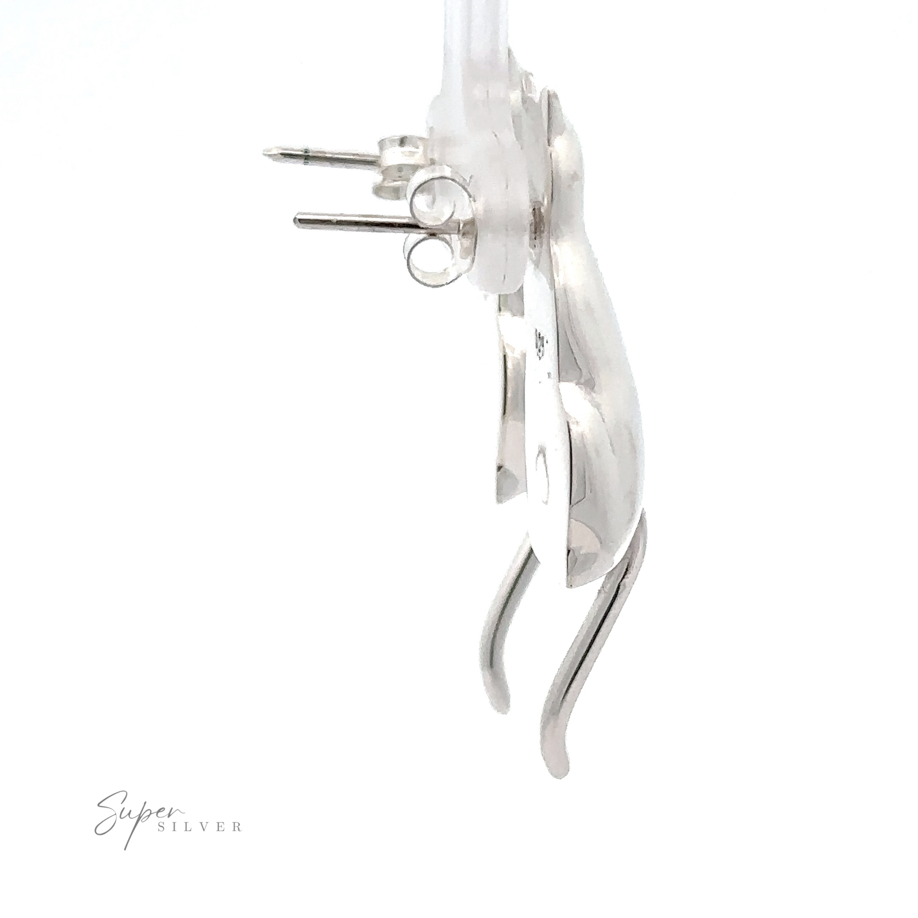 Close-up of Silver Cat Earrings with a signature tag, featuring elegant, curved designs and pin backings, displayed against a white background.