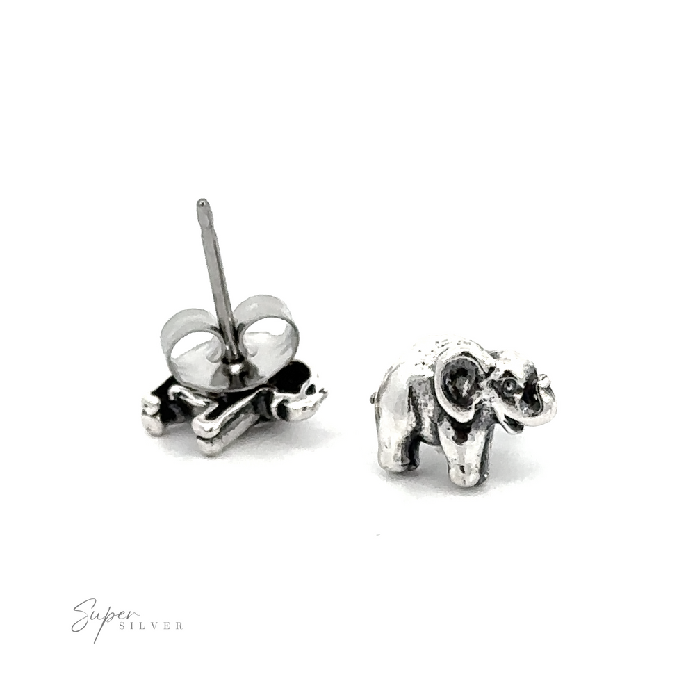 Sterling silver Elephant Studs on a white background.