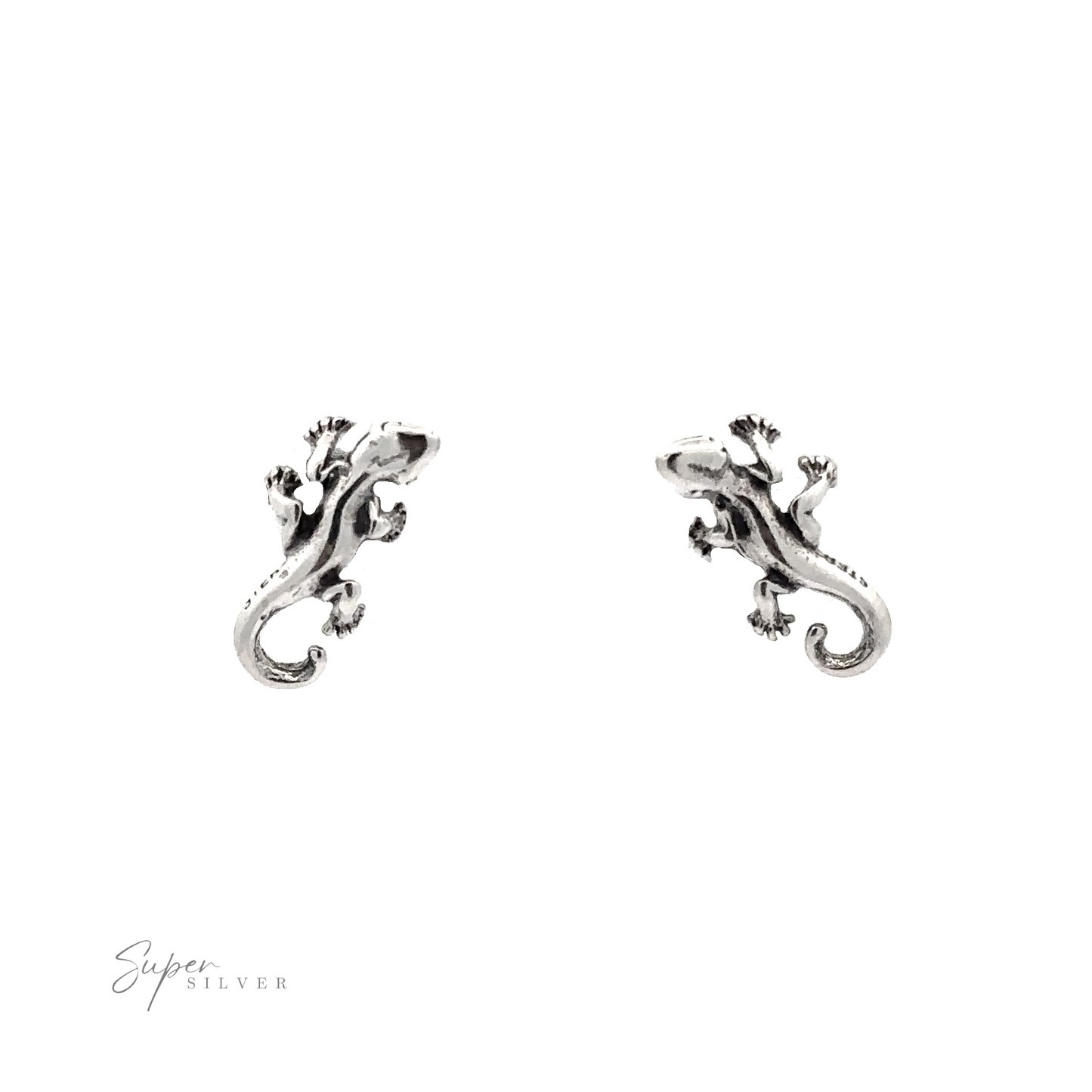A pair of silver lizard stud earrings with a minimal detail.