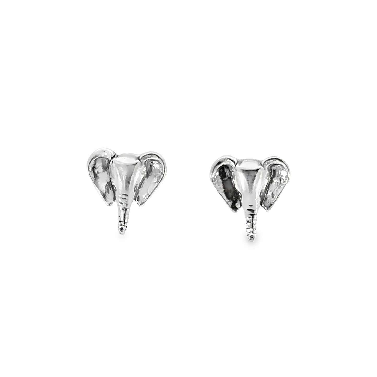 A pair of adorable silver Elephant Head Studs on a white background, perfect for animal lovers.
