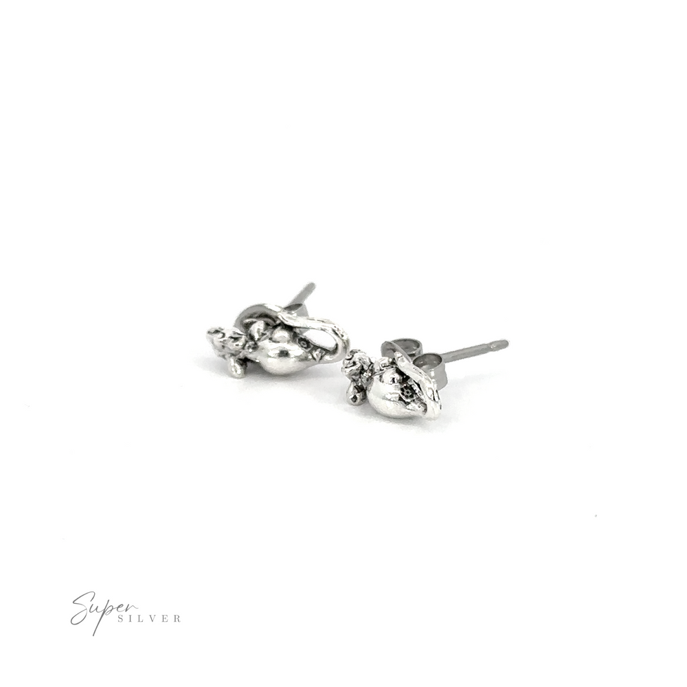 A whimsical pair of Mice Studs on a white background.