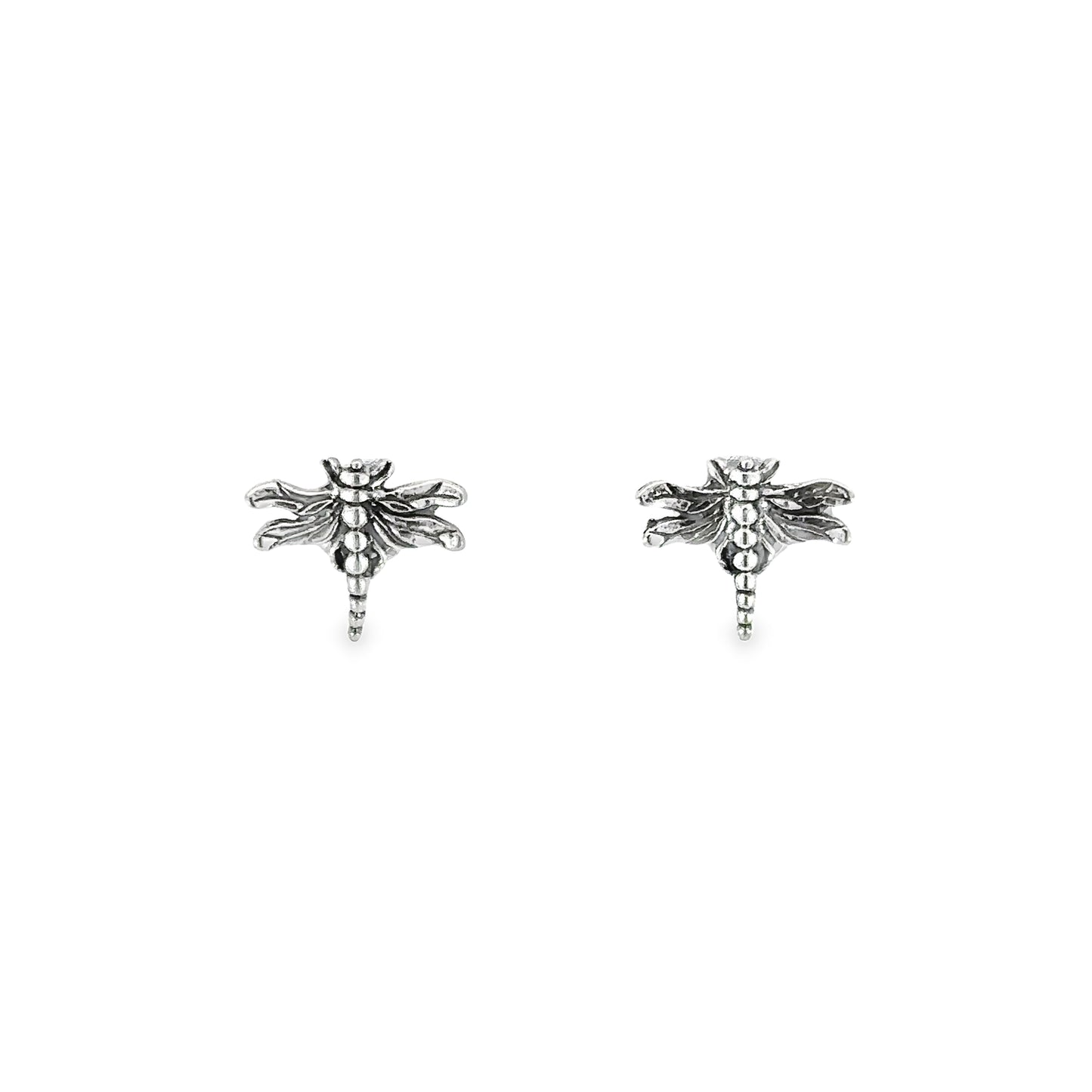 A pair of dragonfly stud earrings with detailed body on a white background.