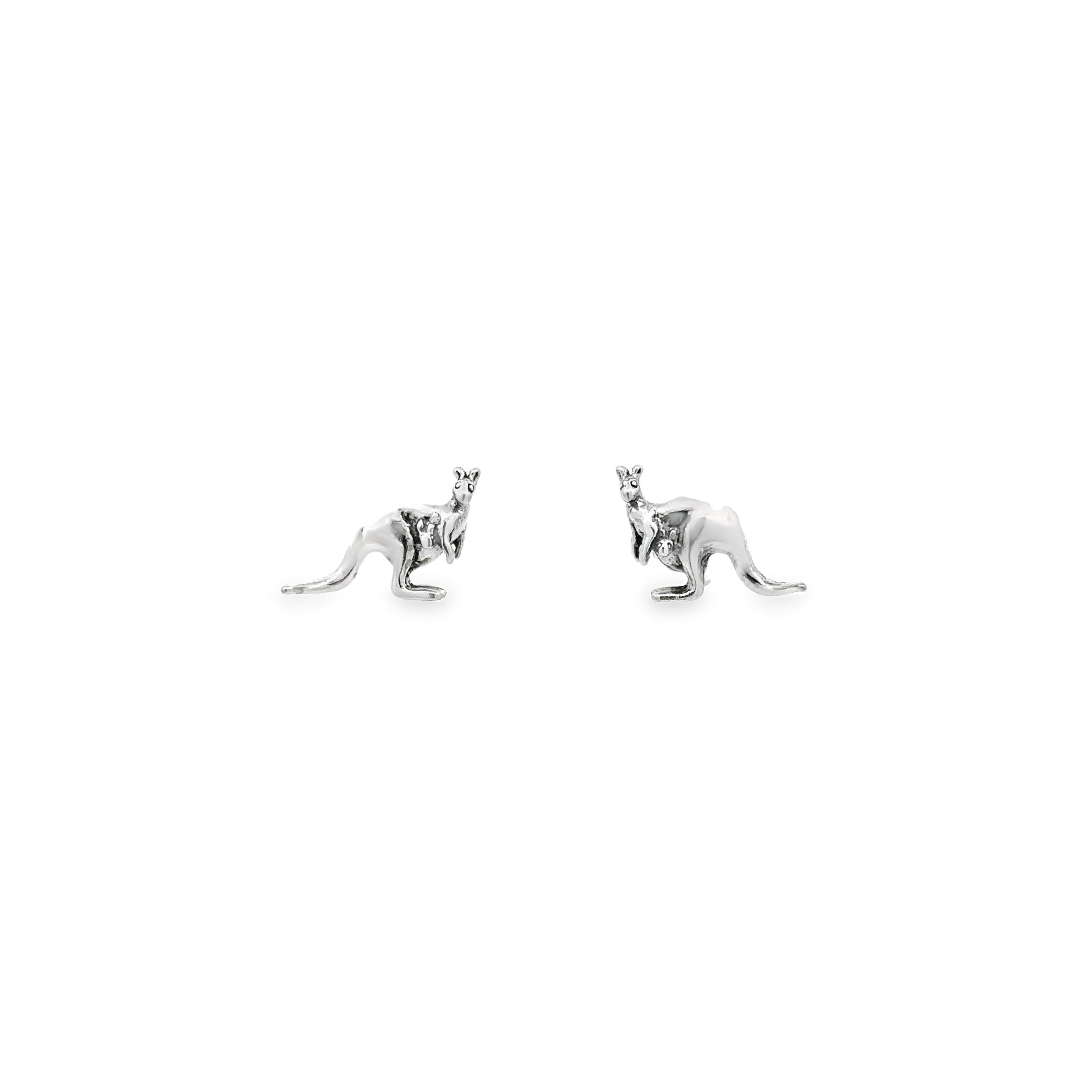 Sterling silver Kangaroo with Joey stud earrings on a white background.