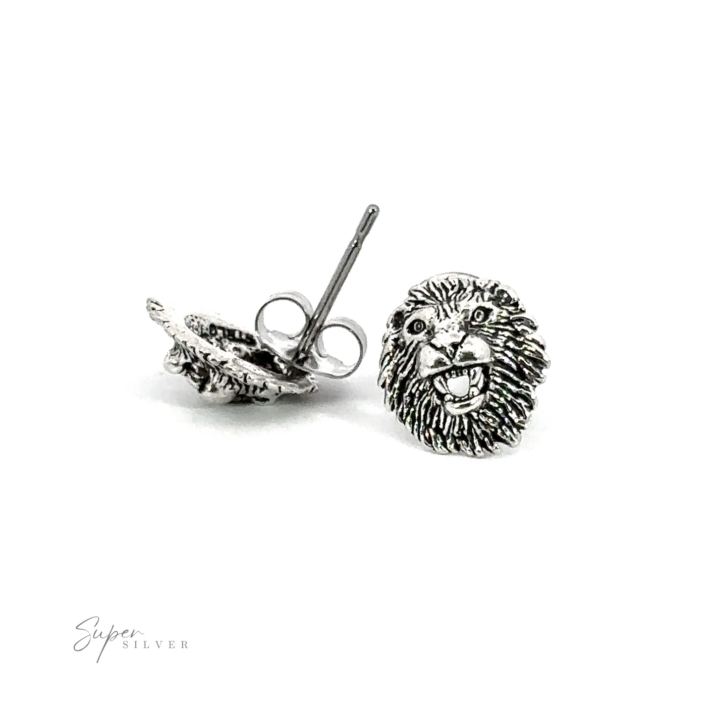 A pair of Lion Head Studs made of .925 Sterling Silver on a white background.