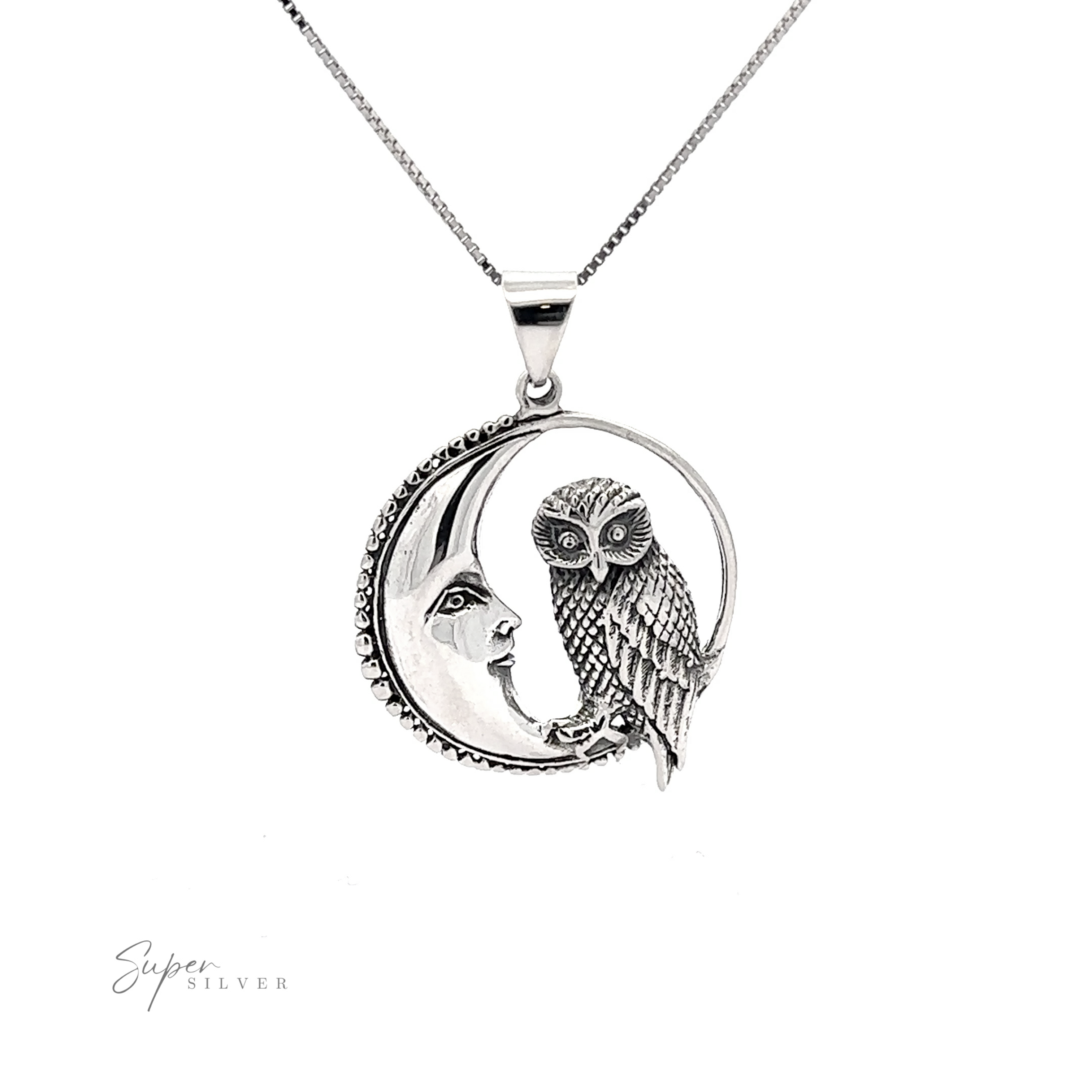 Sterling Silver Owl and Moon Pendant necklace symbolizing wisdom, against a white background.