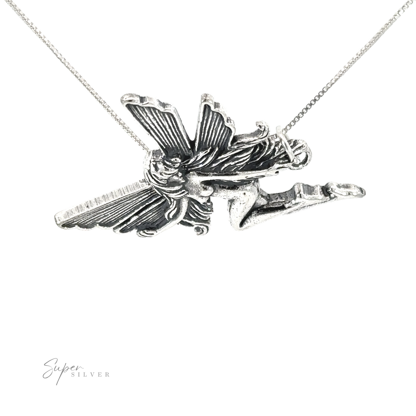 
                  
                    The Flying Fairy Pendant is a silver accessory shaped like an enchanting fairy with intricately detailed wings and flowing hair, elegantly suspended on a delicate chain. The "Super Silver" logo is visible at the bottom left corner. Crafted from Sterling Silver, this piece can also be customized for a personal touch.
                  
                