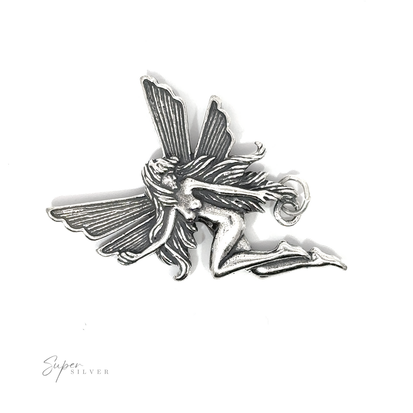 
                  
                    A customizable silver metal Flying Fairy Pendant featuring intricate wings and flowing hair, set against a white background. The words "Super Silver" are printed in small text in the bottom left corner.
                  
                