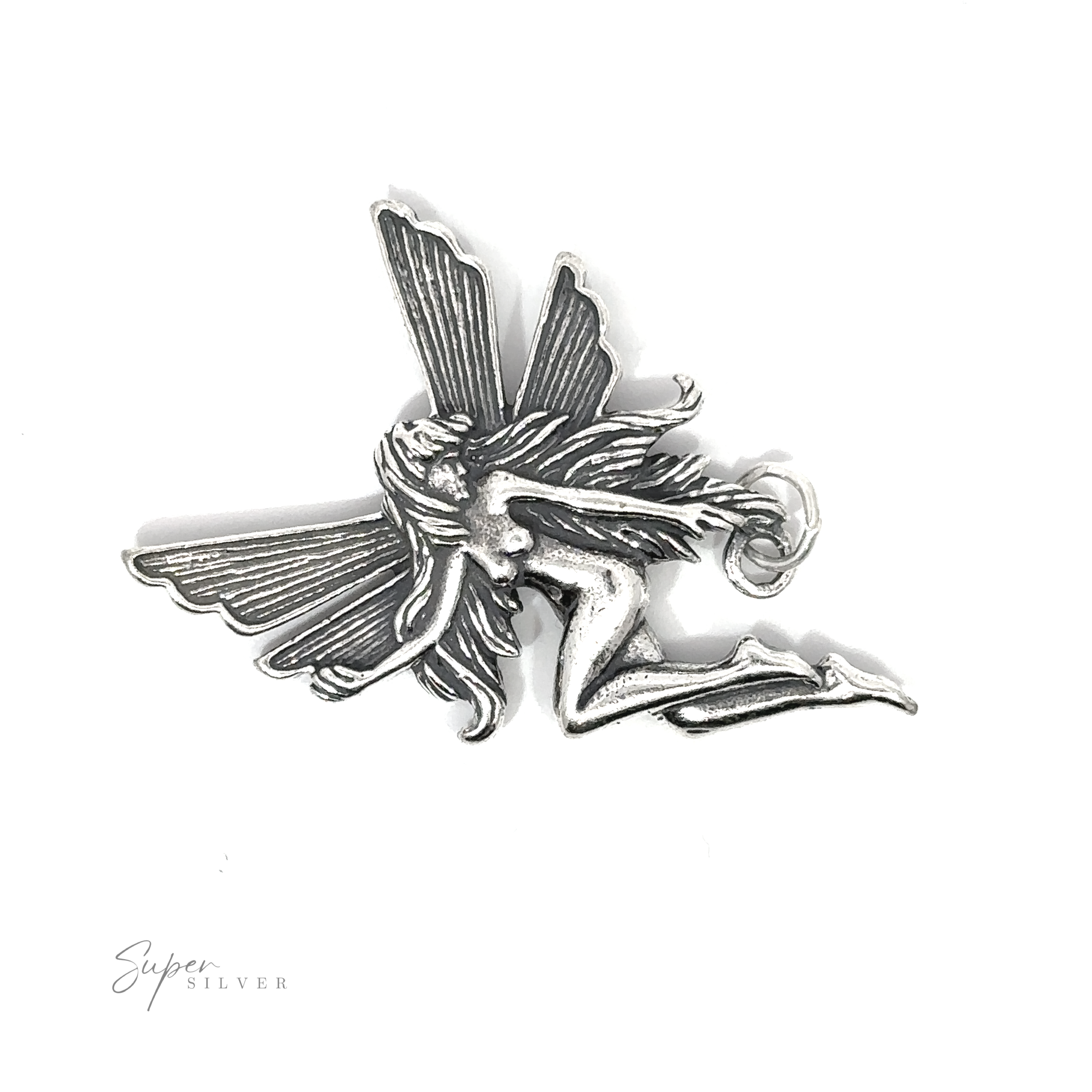 A customizable silver metal Flying Fairy Pendant featuring intricate wings and flowing hair, set against a white background. The words "Super Silver" are printed in small text in the bottom left corner.