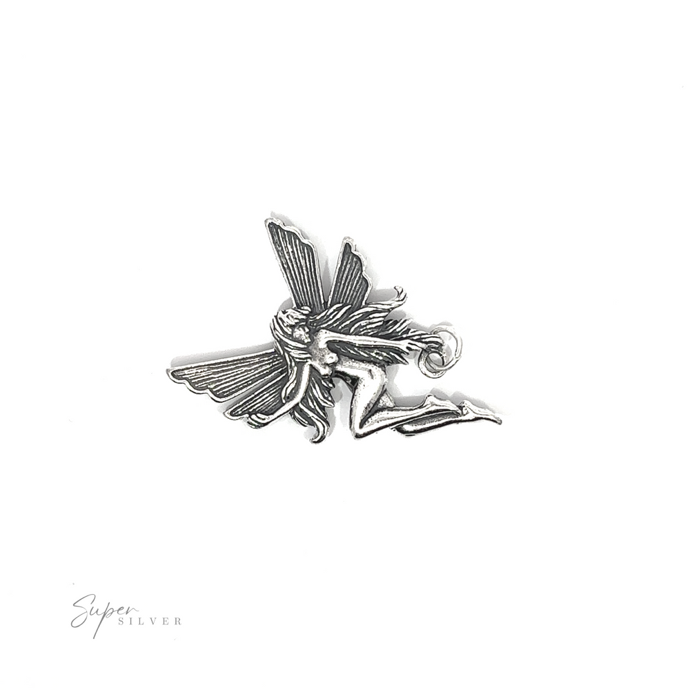 
                  
                    A sterling silver Flying Fairy Pendant shaped like an enchanting fairy with wings, long hair, and outstretched limbs against a plain white background. The text "Super Silver" is displayed in the bottom left corner.
                  
                