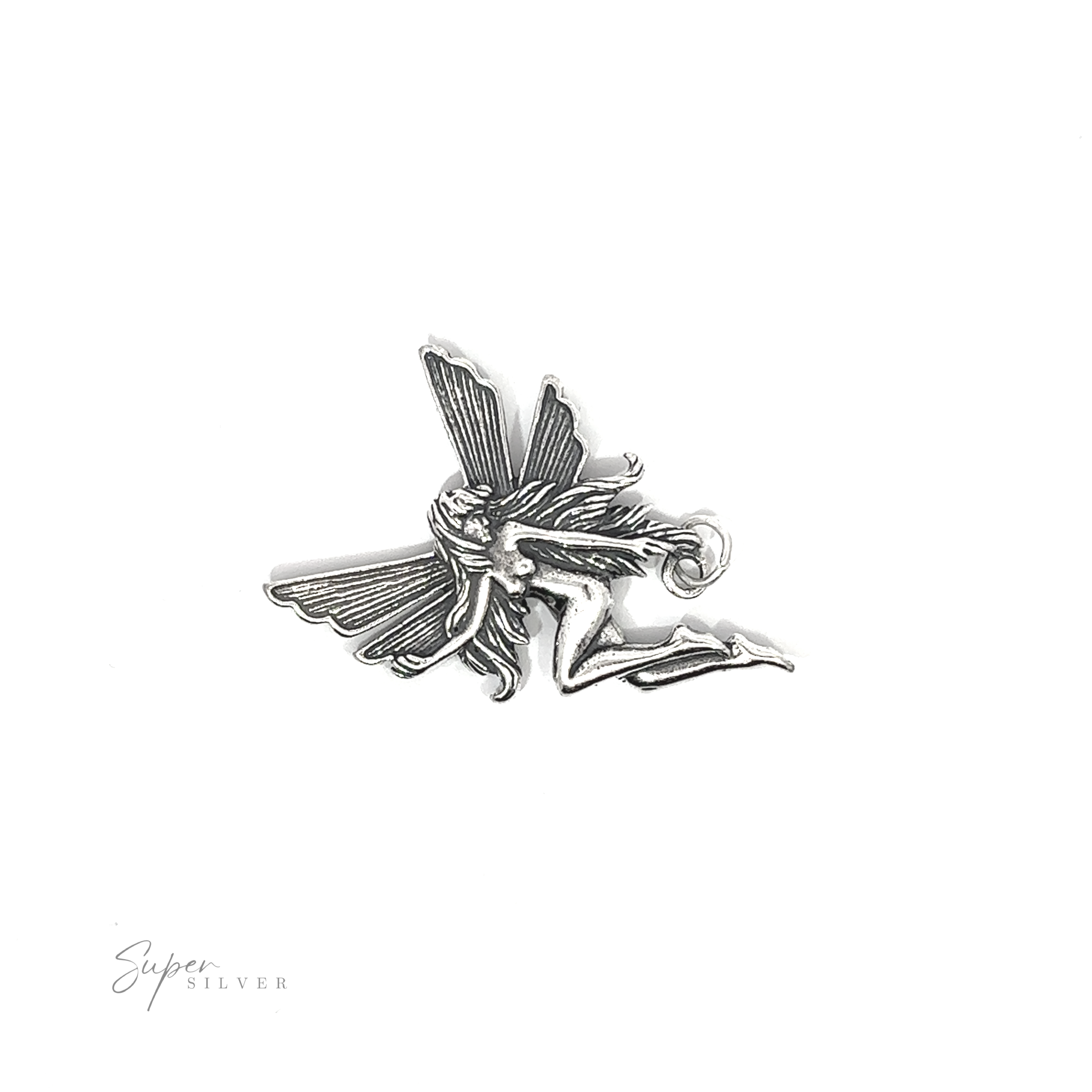 A sterling silver Flying Fairy Pendant shaped like an enchanting fairy with wings, long hair, and outstretched limbs against a plain white background. The text "Super Silver" is displayed in the bottom left corner.