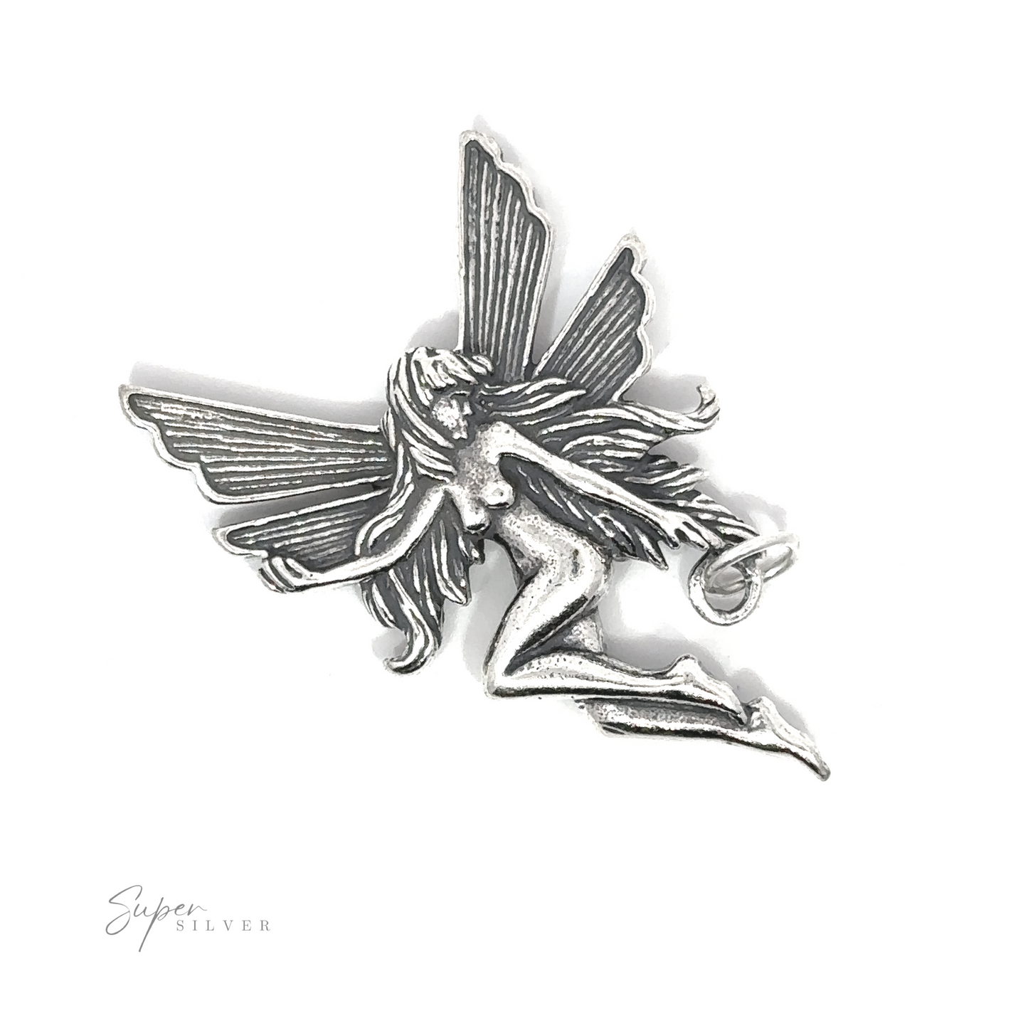 
                  
                    The Flying Fairy Pendant is a sterling silver brooch featuring a winged, long-haired female figure in a flying pose, holding a small ring. The text 'Super Silver' is inscribed in the lower-left corner.
                  
                