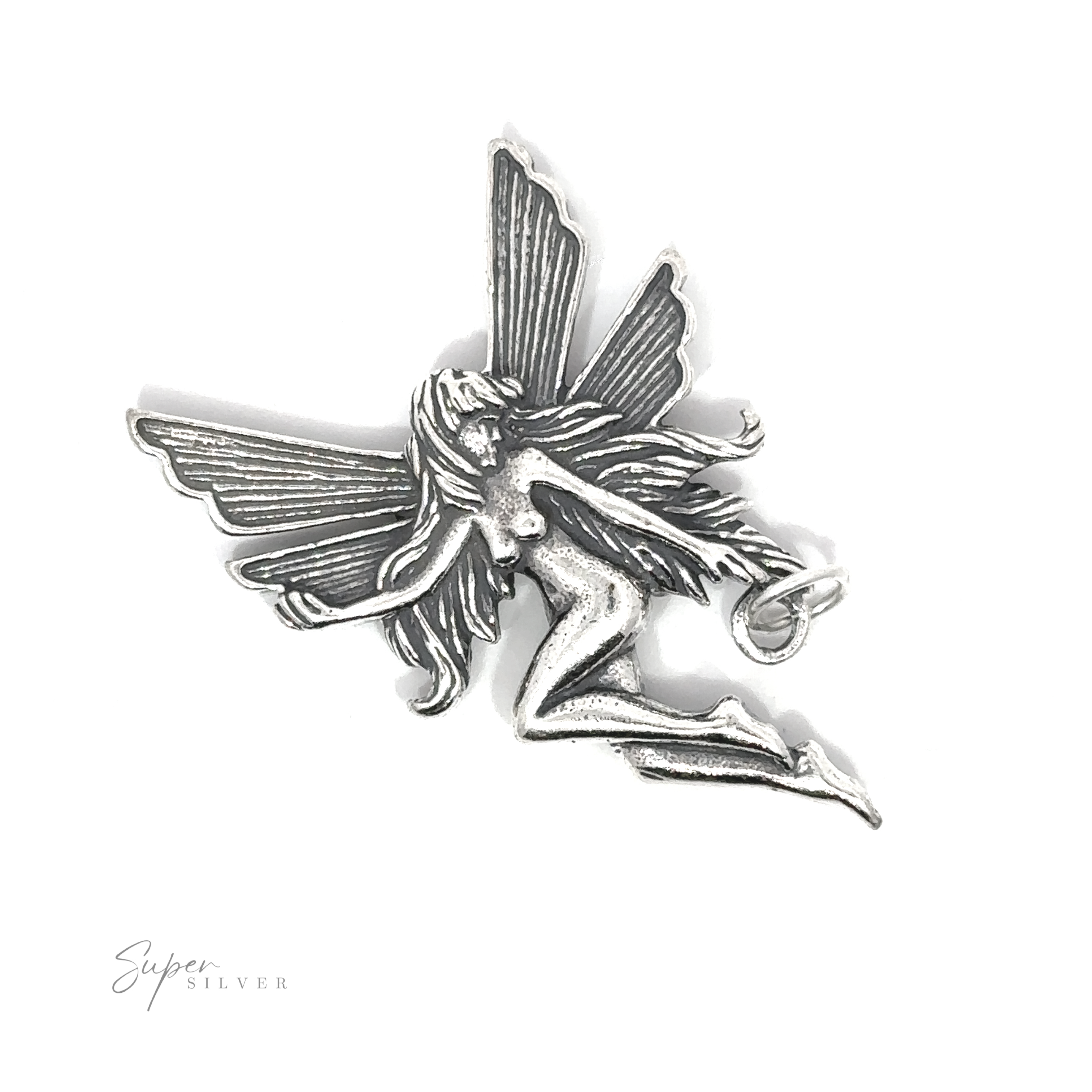 The Flying Fairy Pendant is a sterling silver brooch featuring a winged, long-haired female figure in a flying pose, holding a small ring. The text 'Super Silver' is inscribed in the lower-left corner.