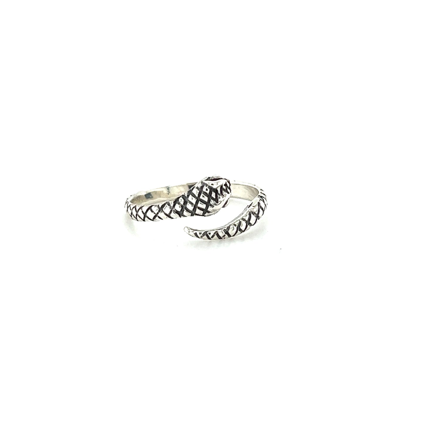 
                  
                    Adjustable silver snake ring with intricate scale detailing and dark accents on a white background.
                  
                