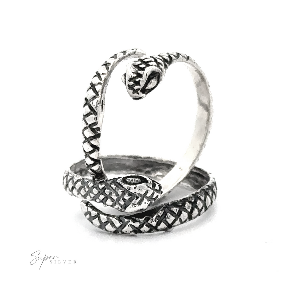 A Adjustable Snake Ring With Large Eyes with a textured design, shaped into an open heart at the top, displayed against a white background.