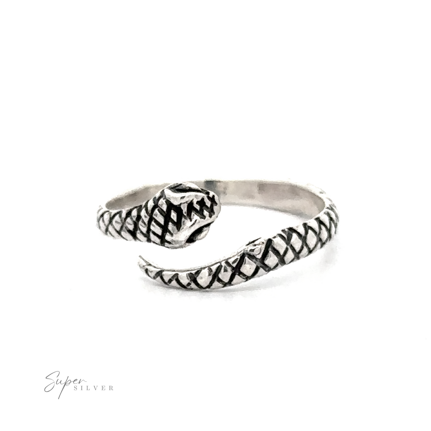 Adjustable snake ring with large eyes, detailed scale texture, coiled body, and the head facing one end, displayed against a plain white background.