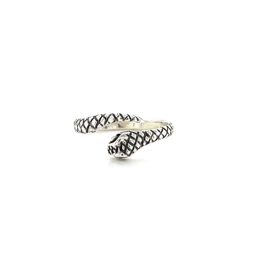 
                  
                    Adjustable sterling silver snake ring with black detailing on a white background.
                  
                