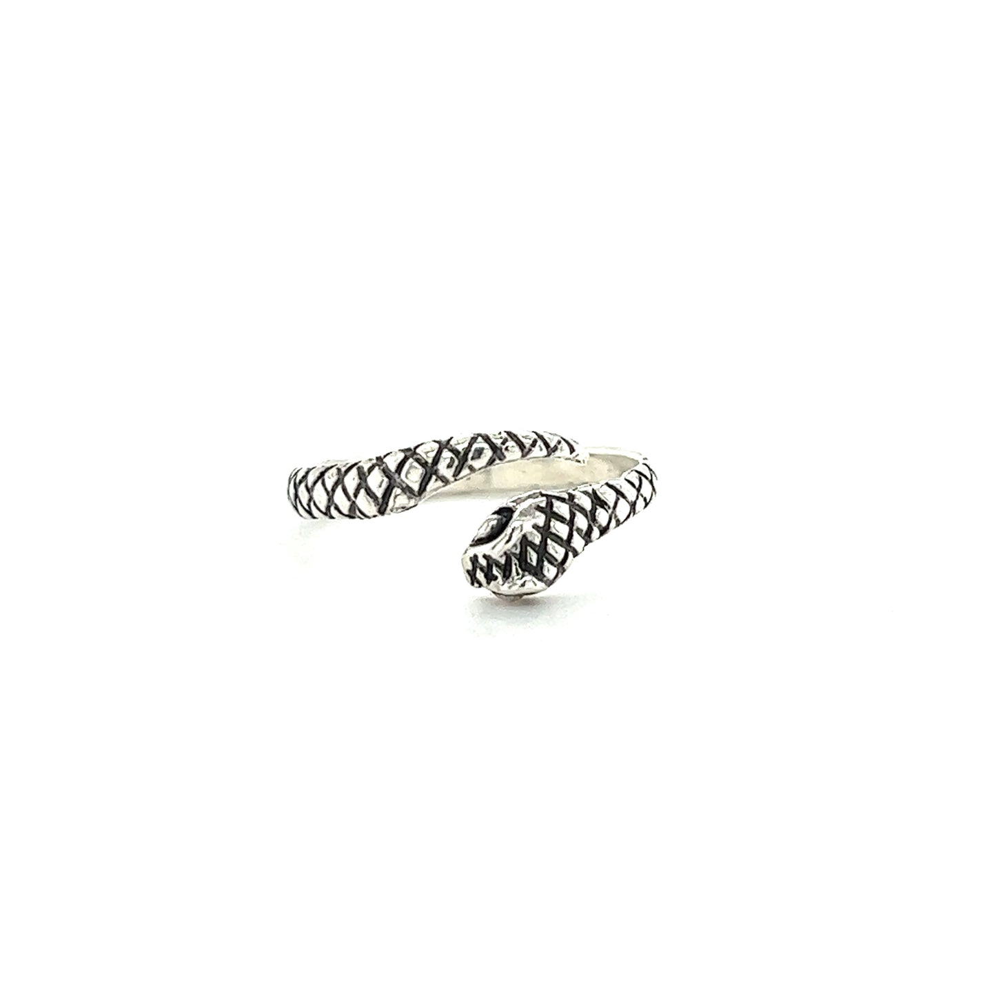 
                  
                    An adjustable silver Adjustable Snake Ring With Large Eyes with detailed scale patterns, photographed on a white background.
                  
                