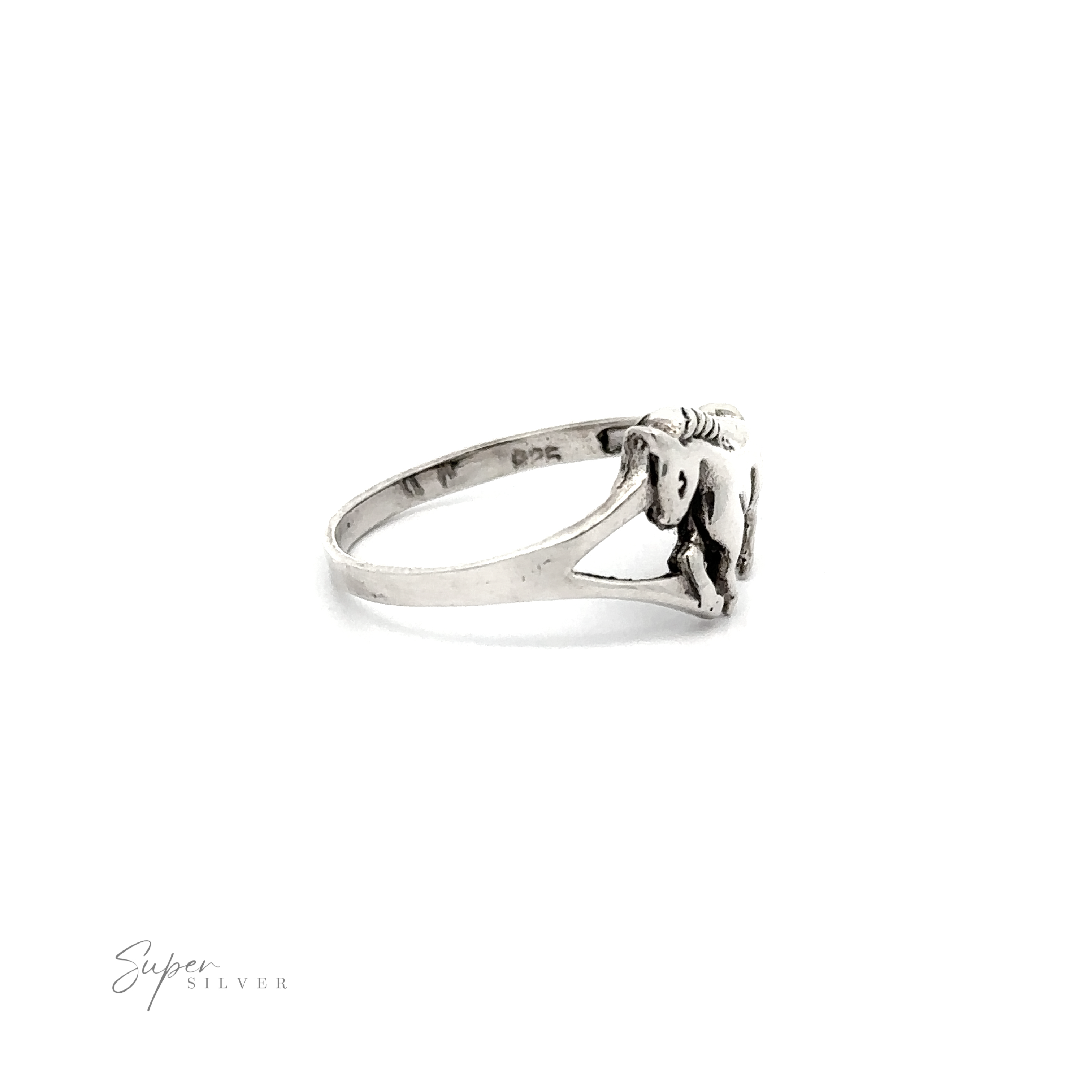 A sterling silver horse ring with an elephant on it, perfect for an equestrian lover.