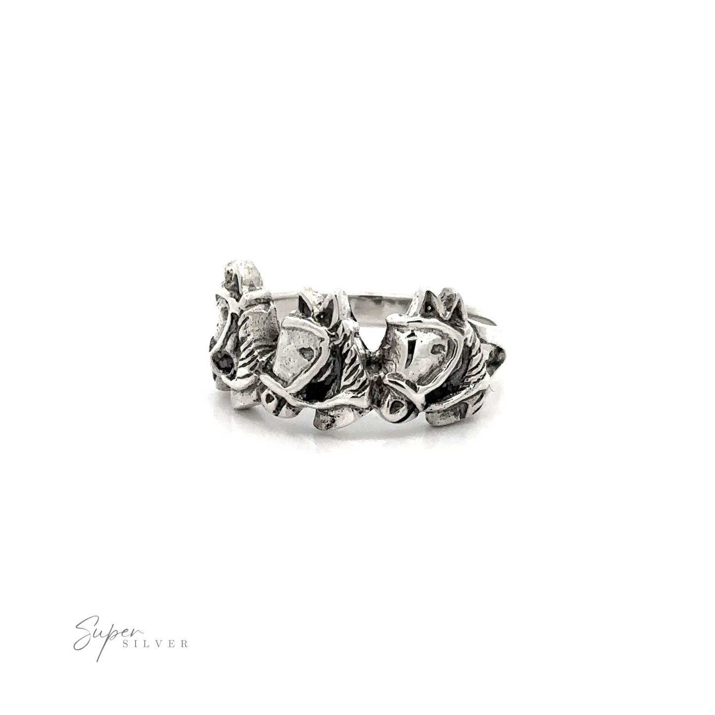 
                  
                    A Three Horse Heads Silver Ring with a flower on it that is perfect for an equestrian lover.
                  
                