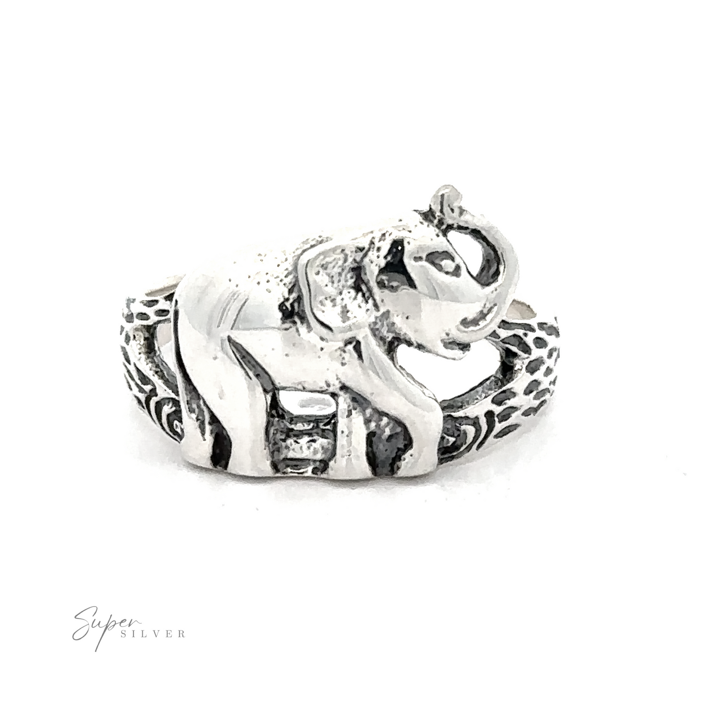 
                  
                    .925 Sterling Silver Elephant Ring With Textured Antique look on a white background.
                  
                