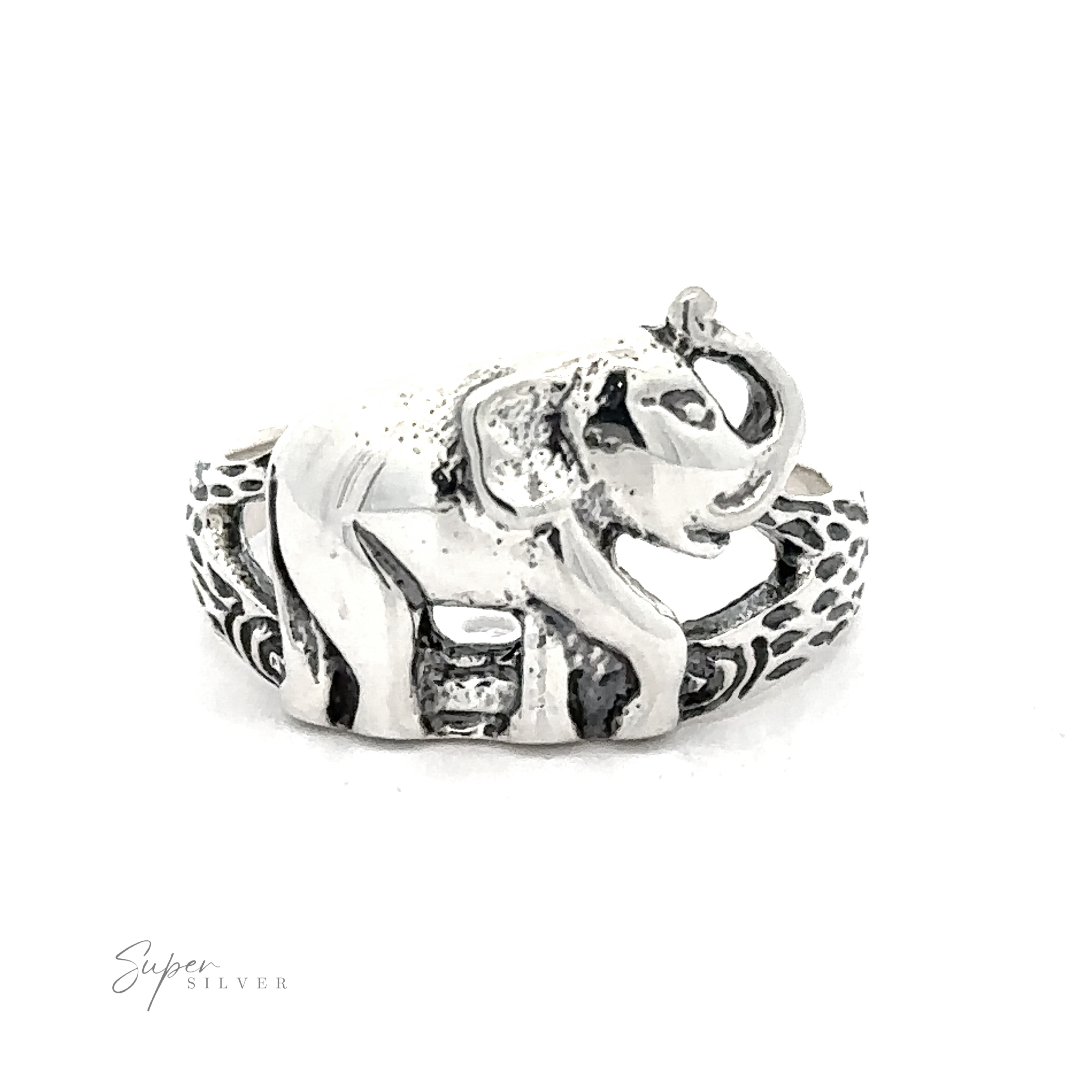 .925 Sterling Silver Elephant Ring With Textured Antique look on a white background.