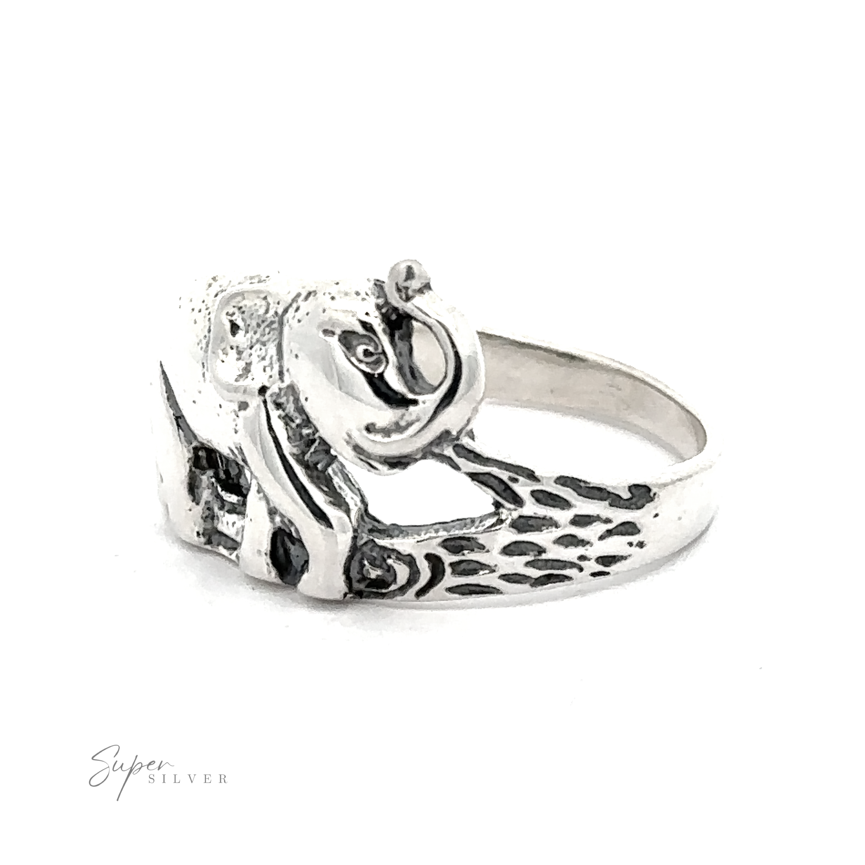 Elephant ring with textured antique look, crafted from .925 Sterling Silver.