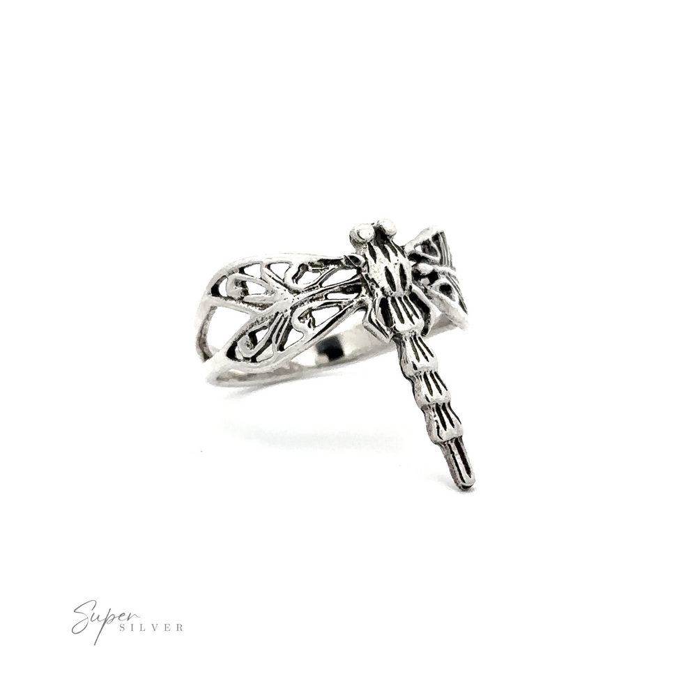 A Sterling Silver Dragonfly Ring on a white background.