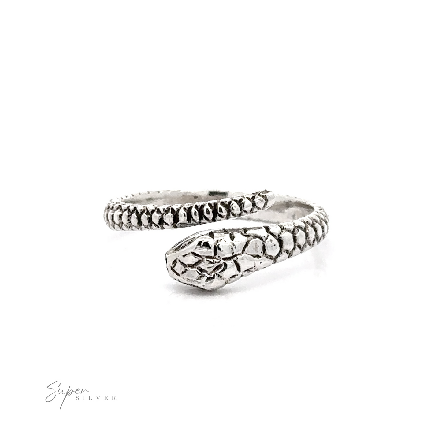 
                  
                    Two adjustable snake rings with intricate patterns, displayed on a white background with a "super silver" signature at the bottom.
                  
                