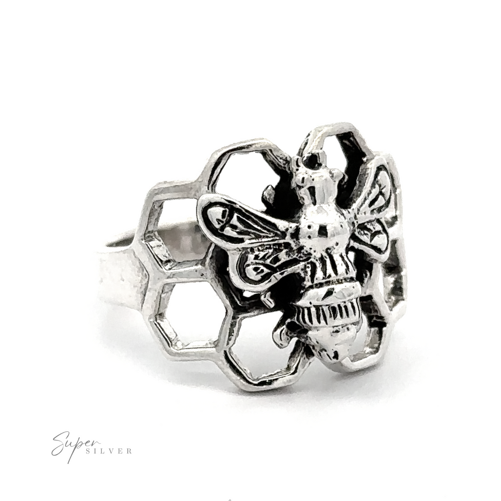 A silver Bee on Honeycomb Ring in .925 Sterling Silver.