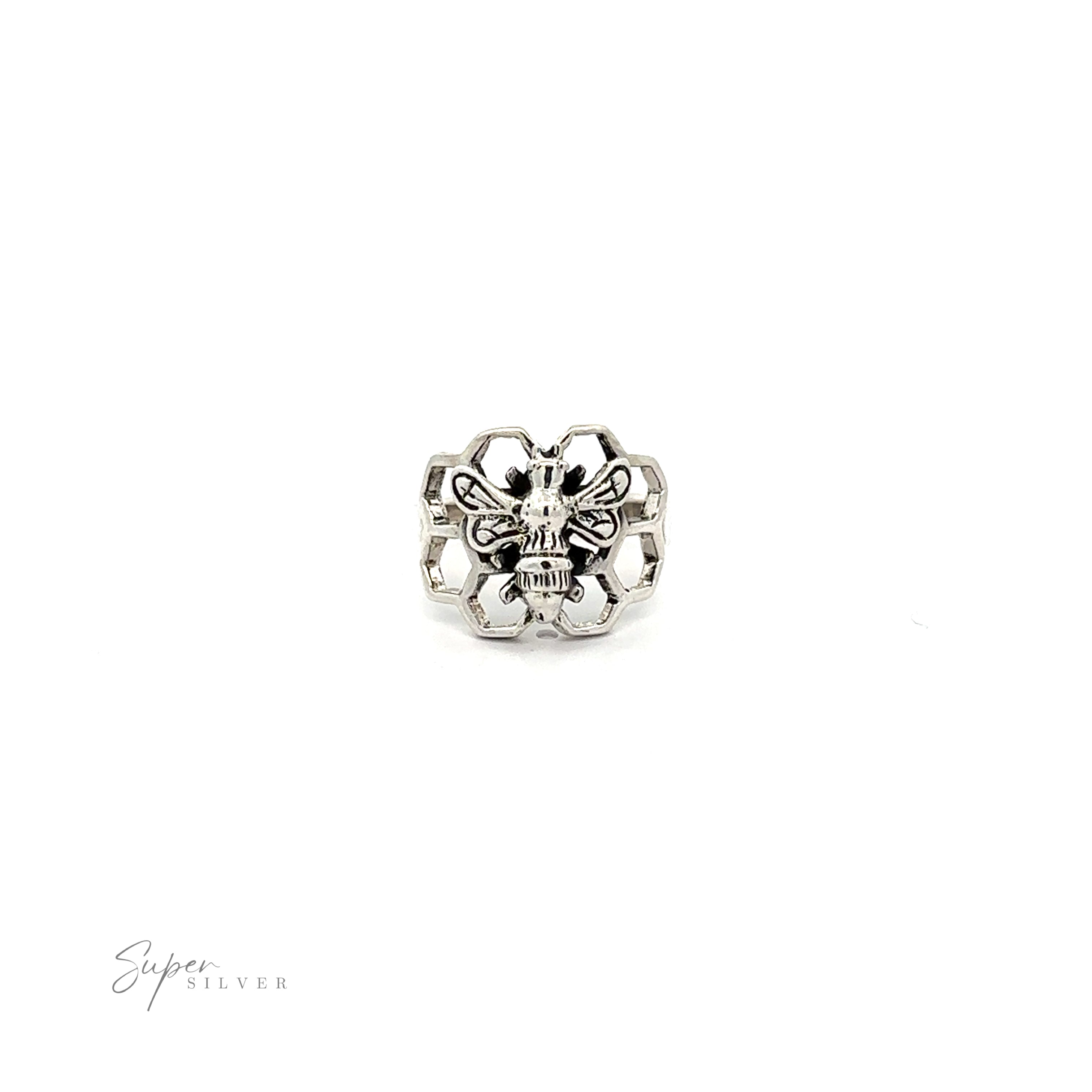 A Bee on Honeycomb Ring with a flower design.