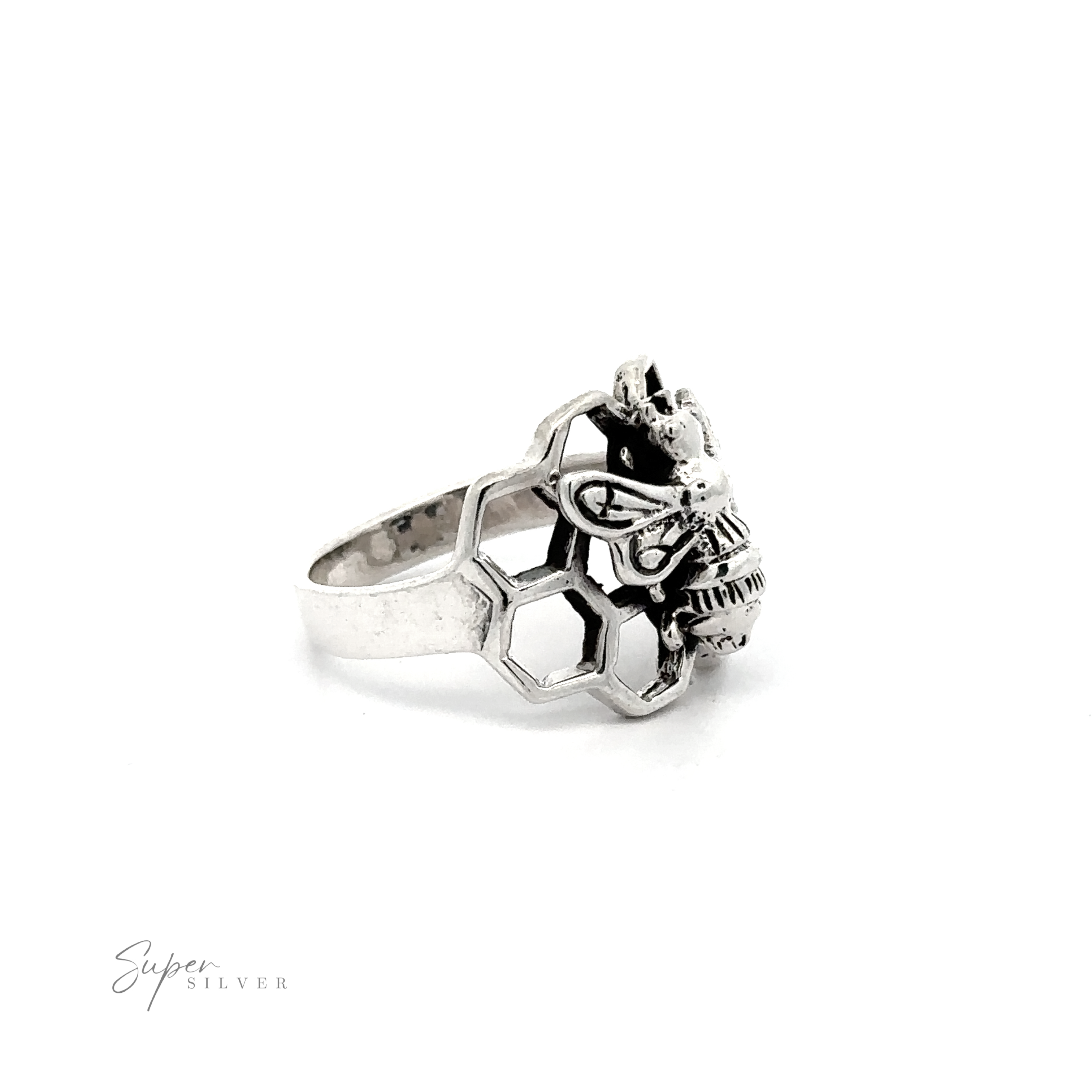 A Sterling Silver Bee on Honeycomb Ring.