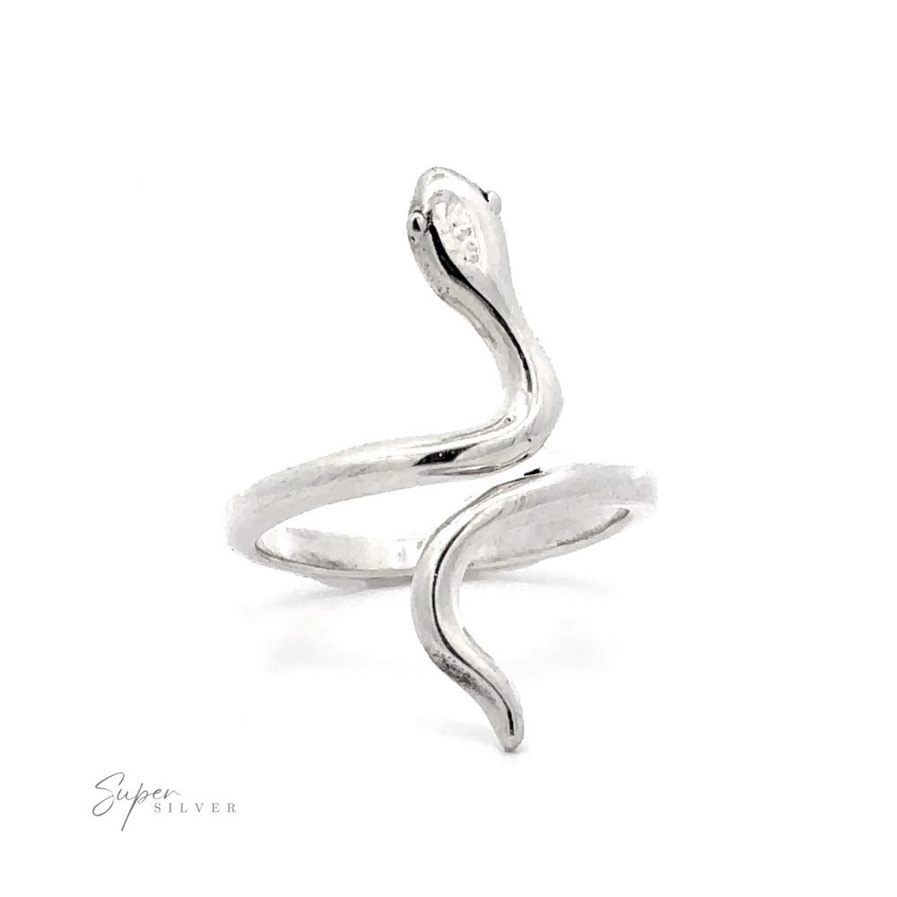 
                  
                    Wrap-Around Simple Snake Ring with small embedded crystals in the head, displayed on a white background with "super silver" signature.
                  
                