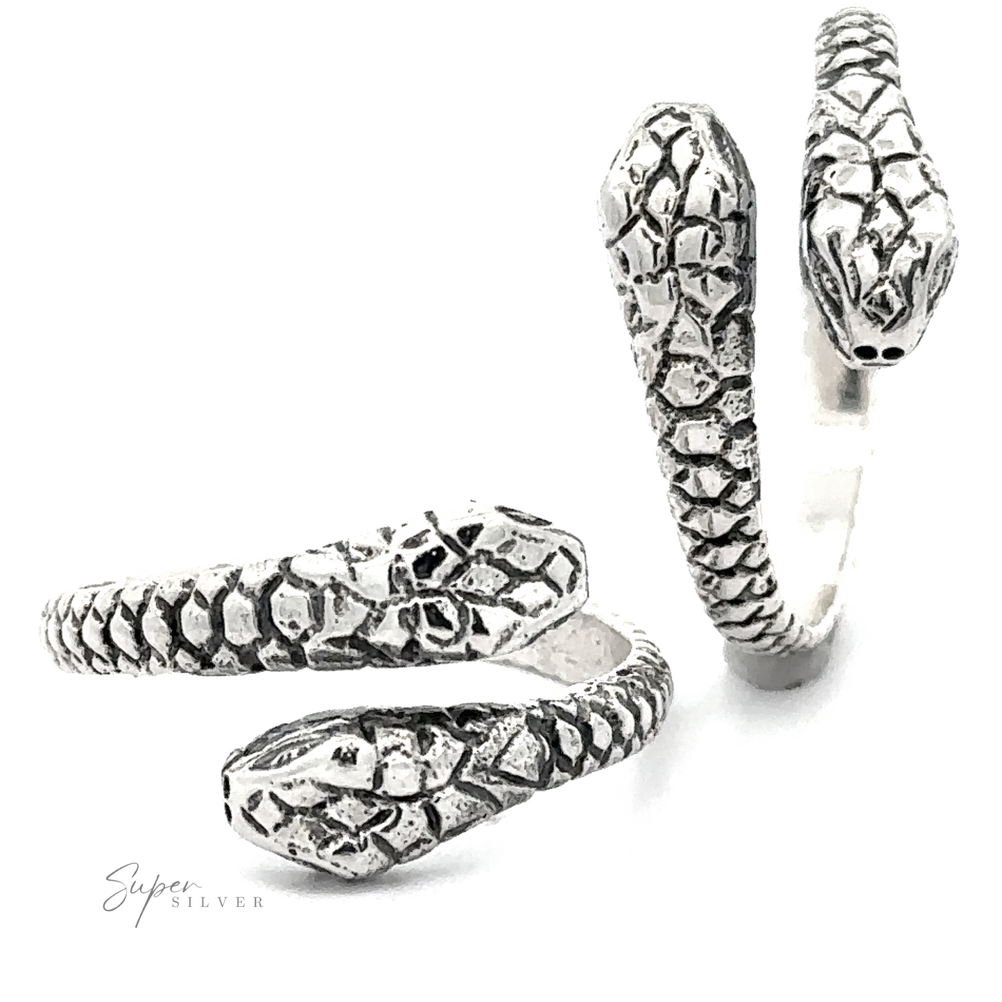 
                  
                    A Sterling Silver Two Headed Snake Ring with detailed scale textures, an open-mouth design at one end, and curled tail at the other, on a white background.
                  
                