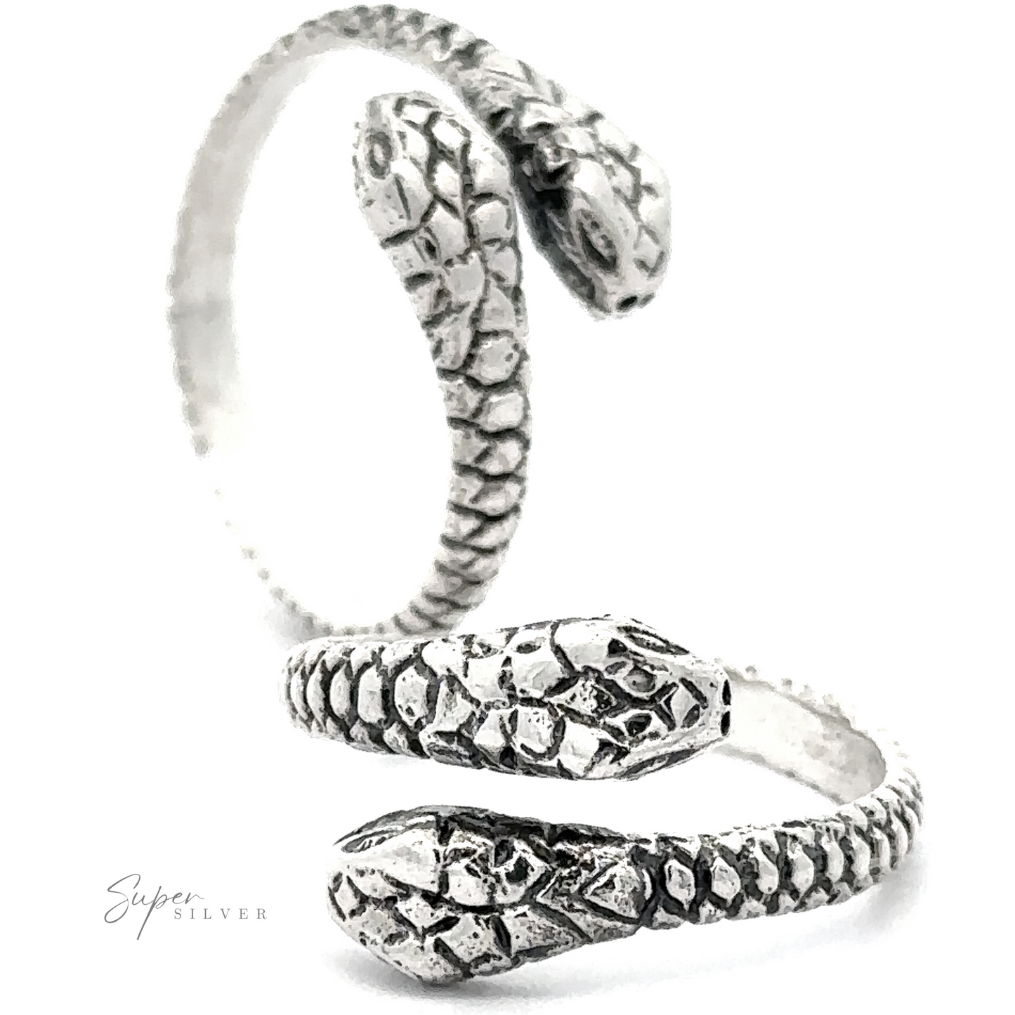 A close-up of a Sterling Silver Two Headed Snake Ring with textured scales and head details, set against a white background.