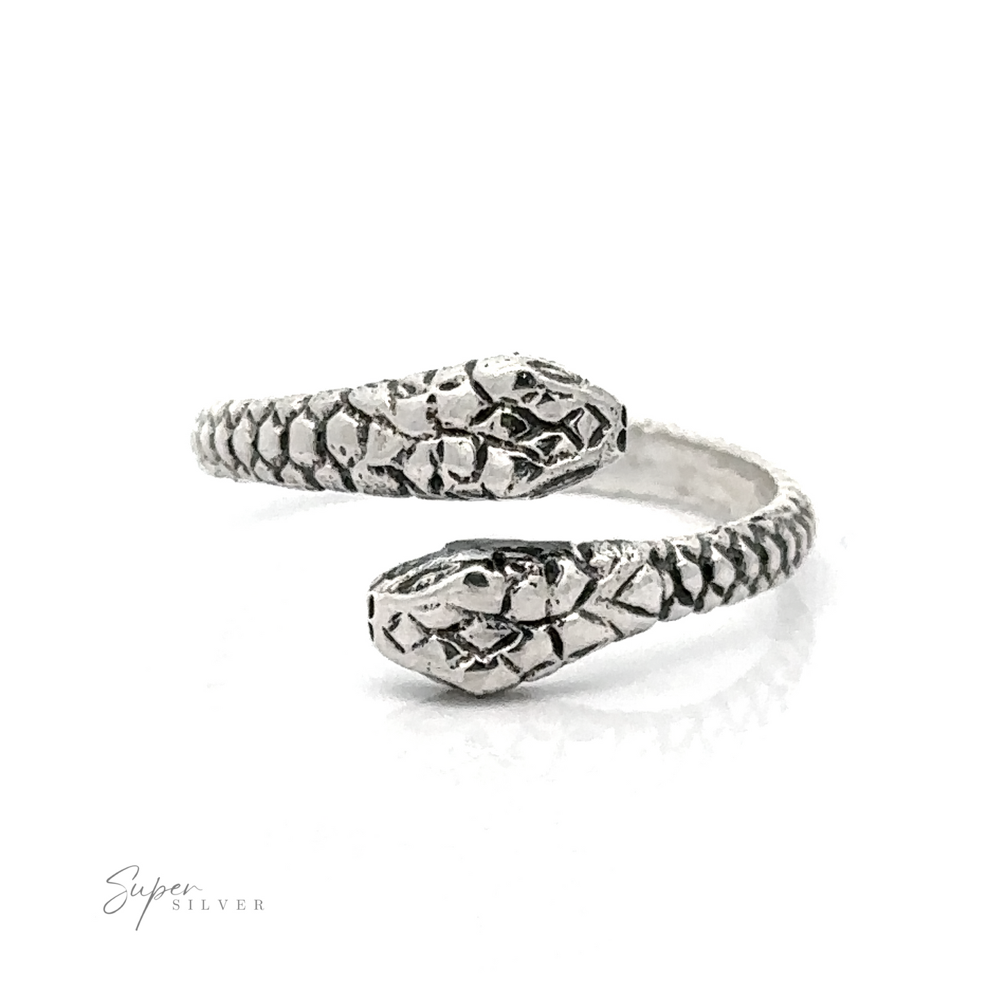 Sterling Silver Two Headed Snake Ring with a textured band and detailed snake heads at each end, displayed against a white background.