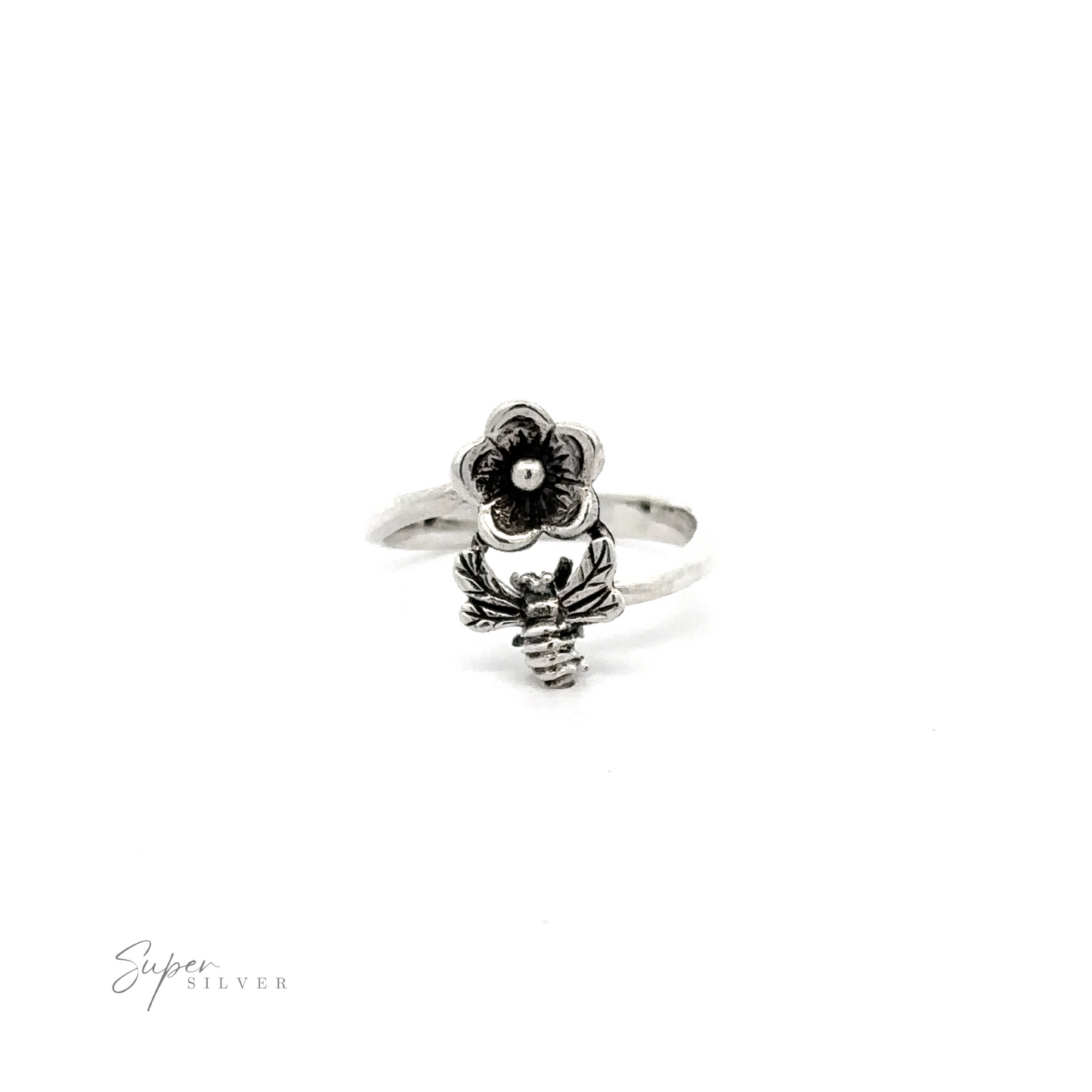 A Silver Bee and Flower Ring, perfect for nature lovers.