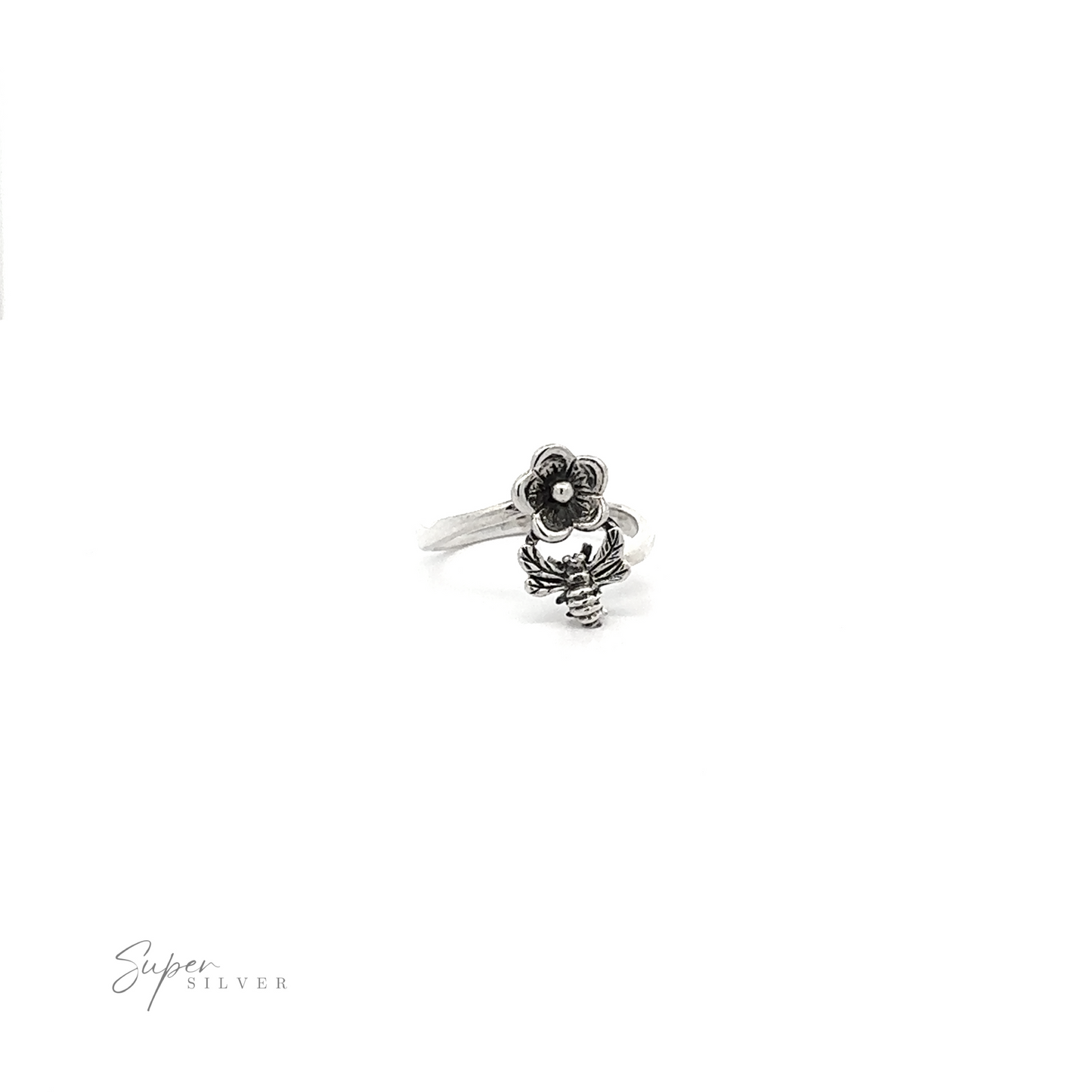 
                  
                    A Silver Bee and Flower Ring adorned with a delicate flower, perfect for nature lovers.
                  
                