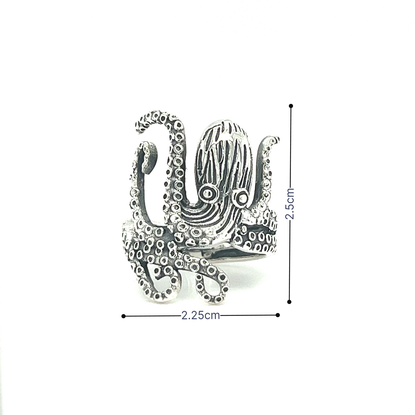 A stylish Super Silver Realistic Octopus Ring, featuring measurements.