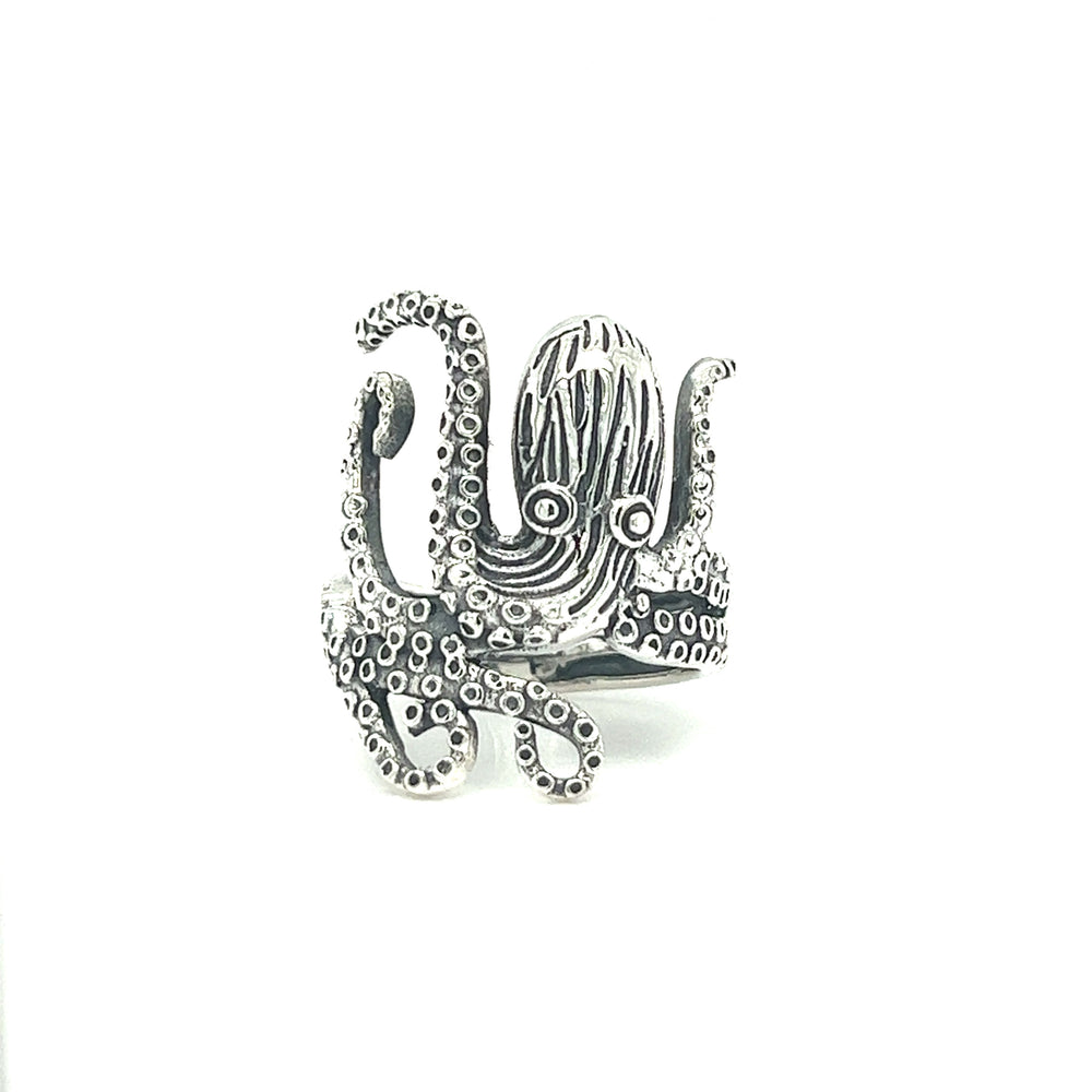 A Super Silver Realistic Octopus Ring is shown on a white background.