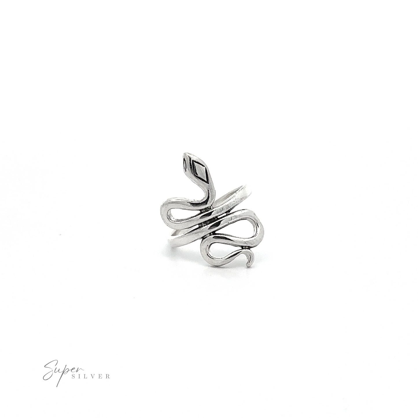 
                  
                    A Simple Slithering Snake Ring with an abstract, swirling design on a white background, labeled "super silver.
                  
                