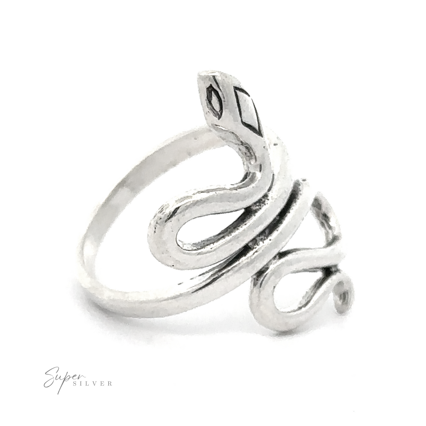 Simple Slithering Snake Ring with a swirling design and black gem eyes, displayed against a white background.