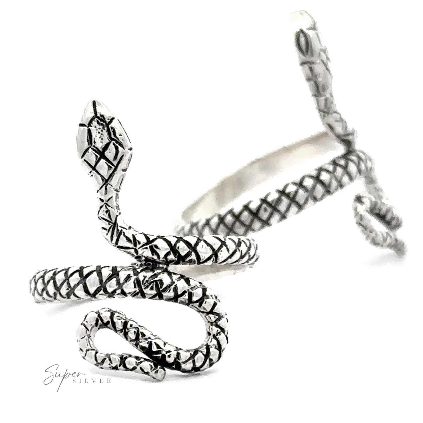 Sterling silver Textured Winding Snake Ring with scales coiling around, isolated against a white background.