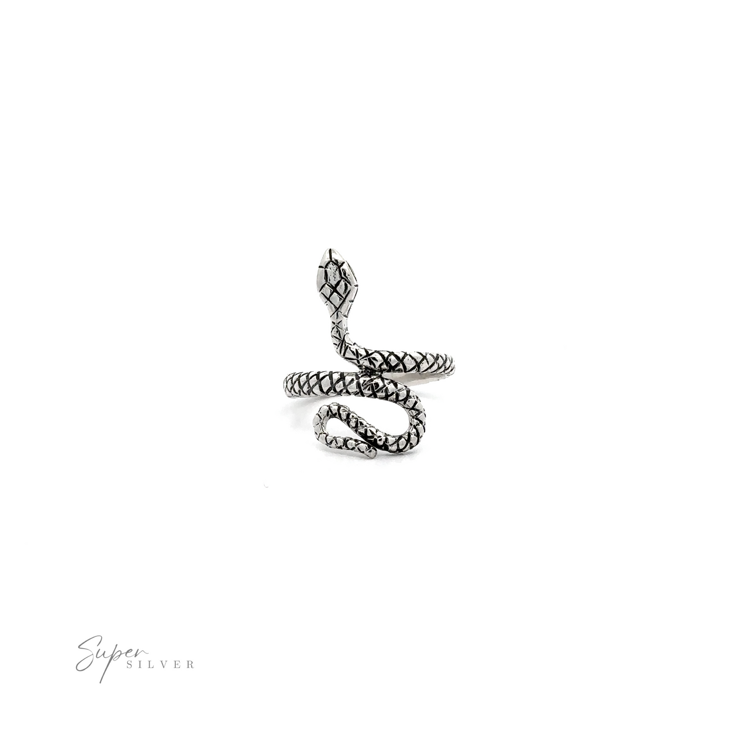 
                  
                    A textured winding snake ring with intricate patterns, displayed on a white background with the watermark "super silver.
                  
                